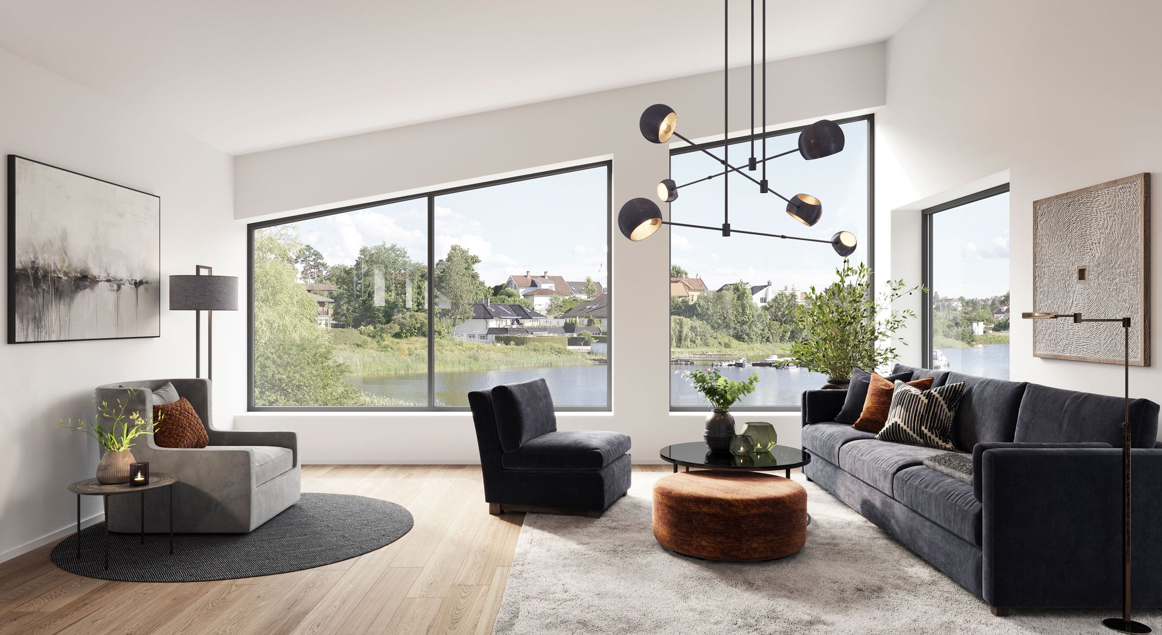 Dette er et moderne hus med store vinduer som gir godt med lys inn i boligen, og skaper nærhet til omgivelsene rundt.