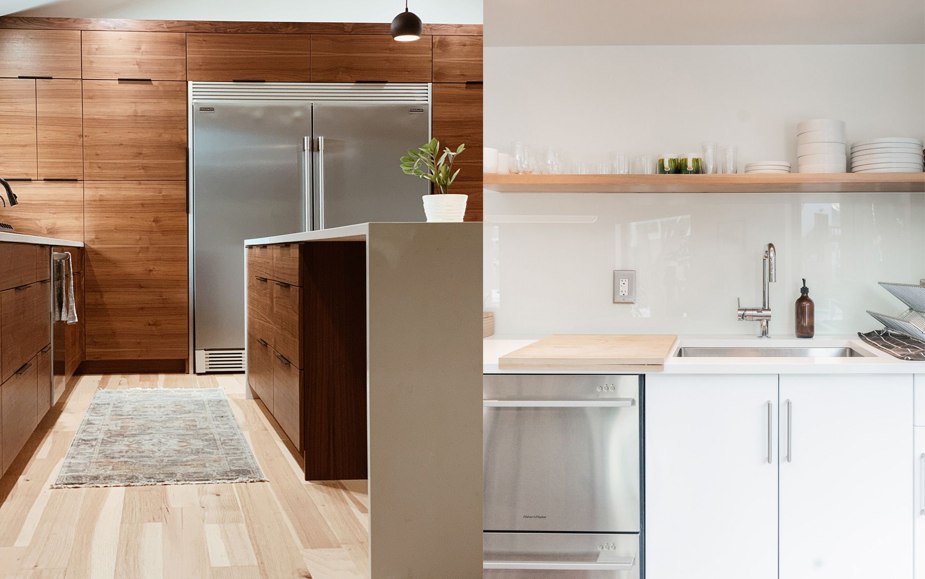 Illustrasjon av to kjøkken ved siden av hverandre med fronter i hvitt og tre