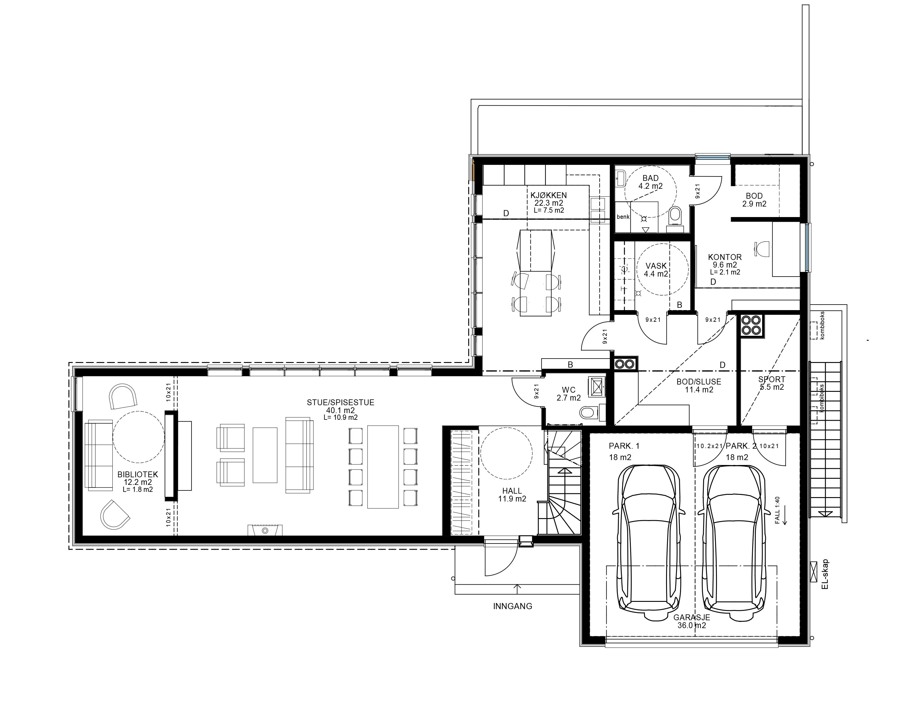 Plantegning av 1. etasje i enebolig på Sofiemyr i Nordre Follo