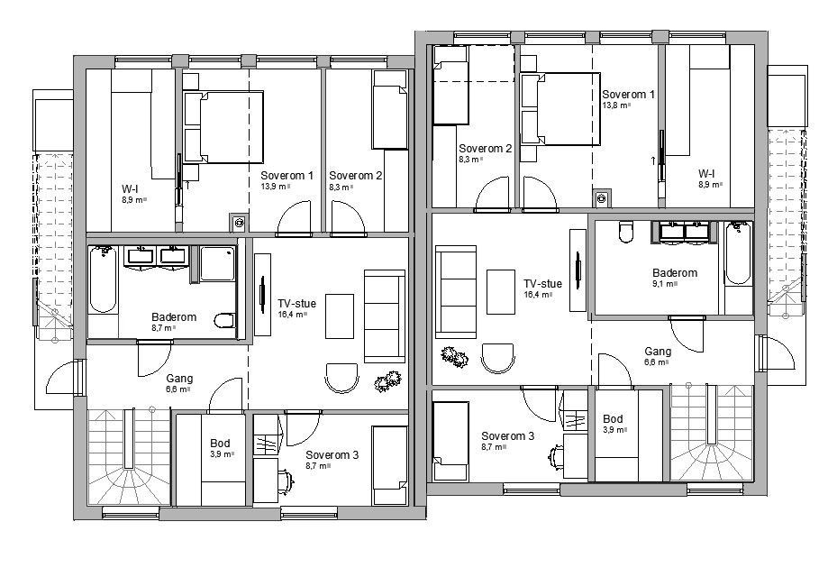 Plantegning av andre etasje i tomannsbolig bygget av OBOS Block Watne Eneboliger på Østensjø i Oslo