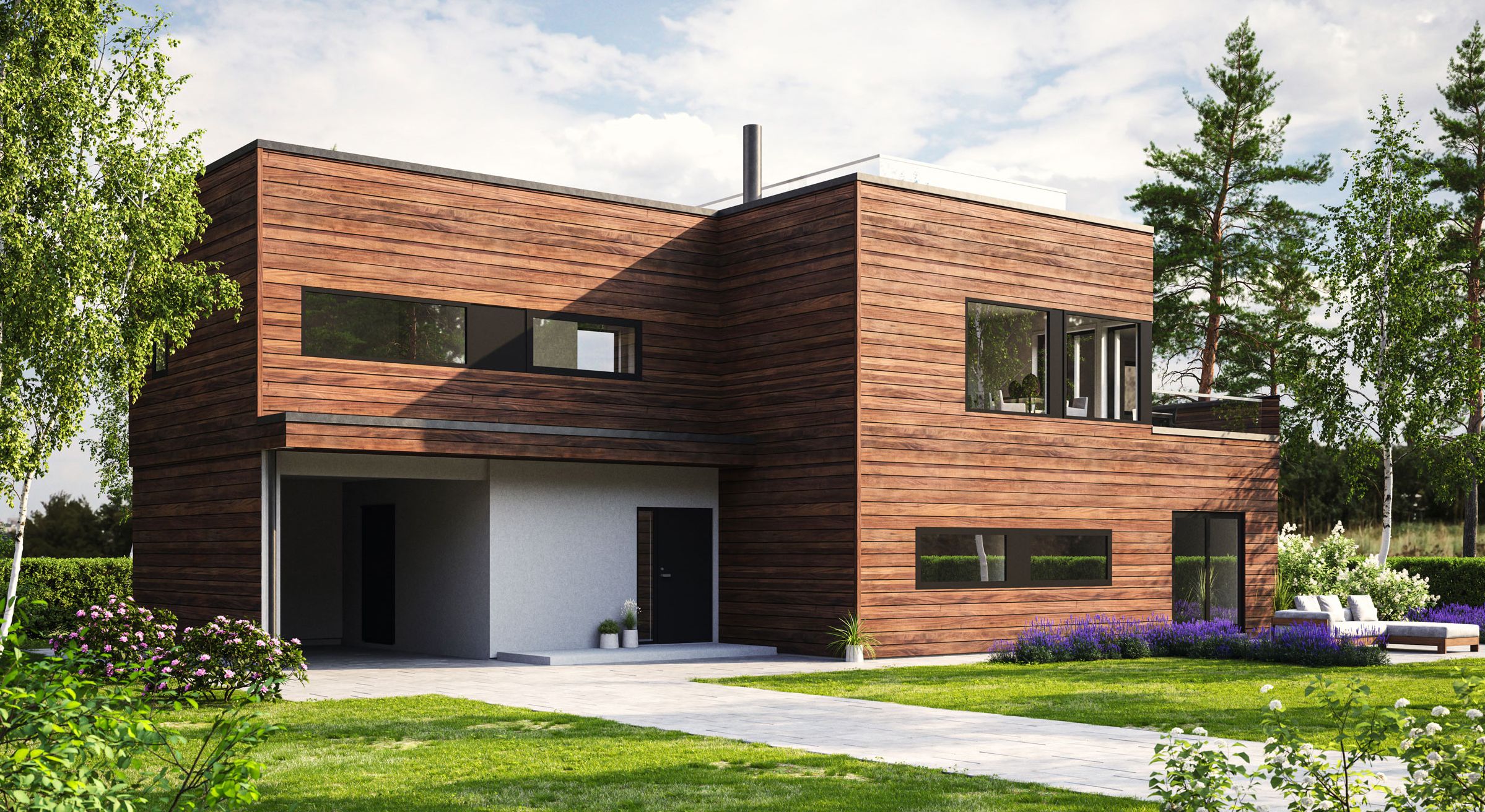 Illustrasjon av et arkitekttegnet hus i tre med garasjeport