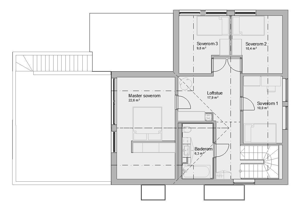 Plantegning av 3. etasje i enebolig bygget av OBOS Block Watne Eneboliger på Høvik, Bærum
