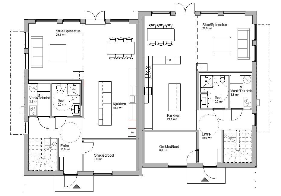 Plantegning av første etasje i tomannsbolig bygget av OBOS Block Watne Eneboliger på Østensjø i Oslo