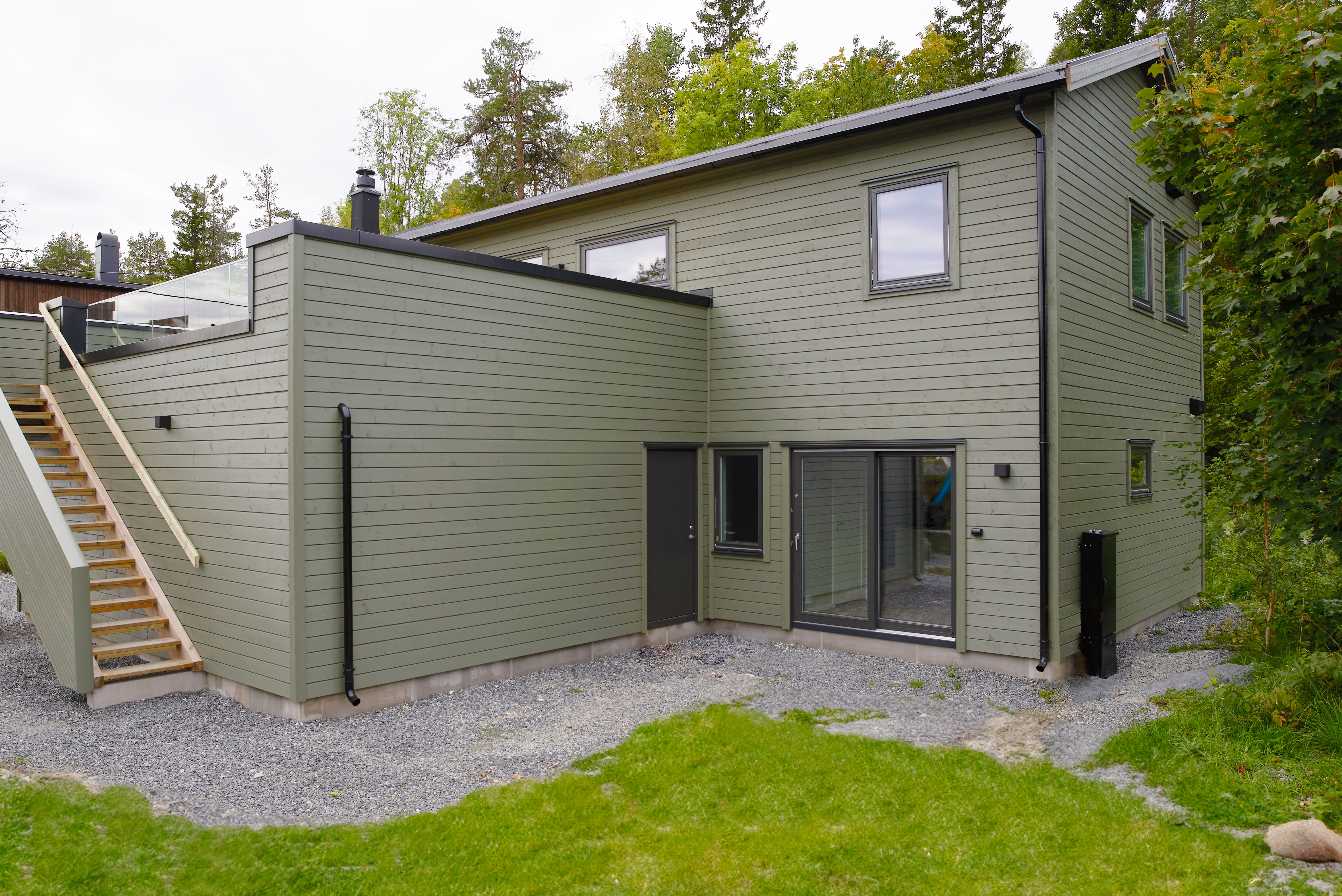 Foto av fasade på enebolig bygget av OBOS Block Watne Eneboliger i Heggedal i Asker