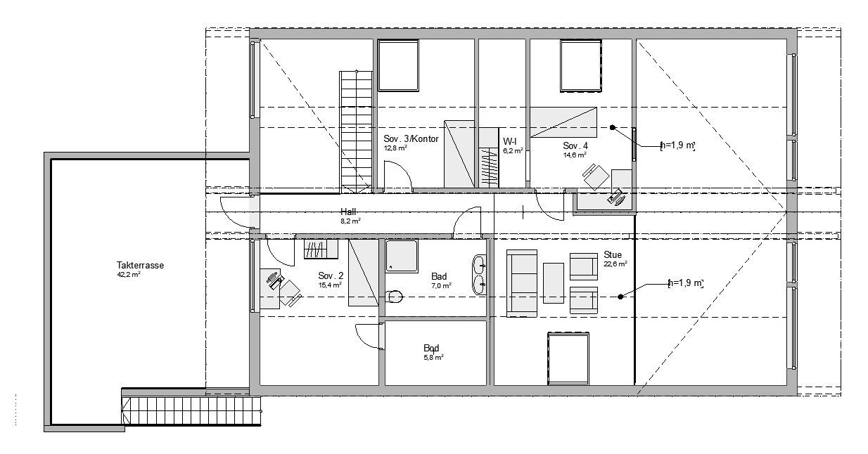 Plantegning av 2. etasje i enebolig bygget av OBOS Block Watne Eneboliger på Manstad, Fredrikstad
