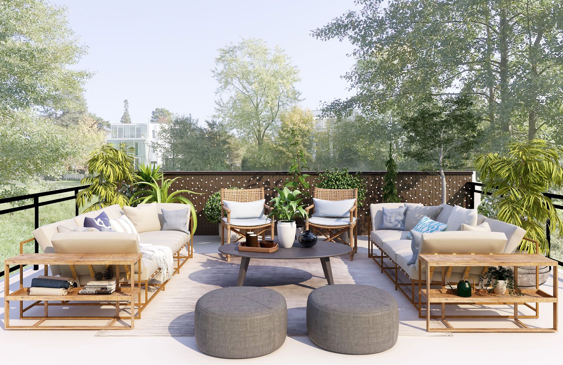 Illustrasjon av en møblert takterrasse med to sofaer, stoler og bord