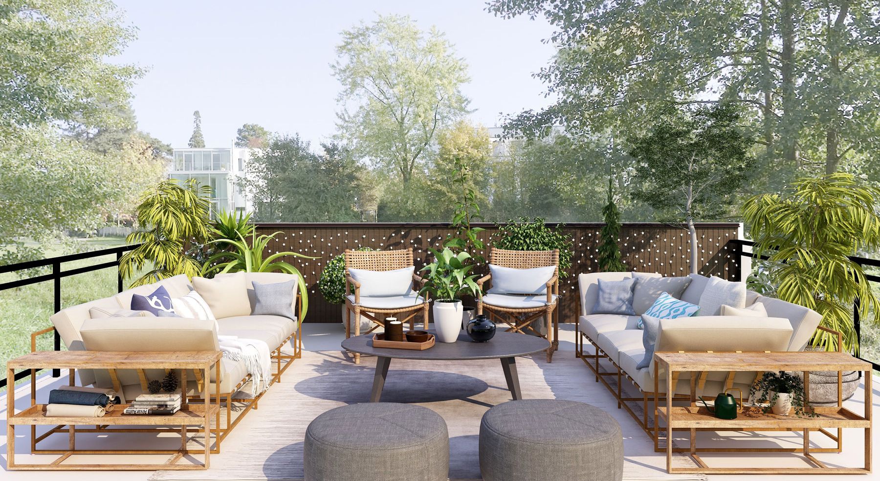 Illustrasjon av en møblert takterrasse med to sofaer, stoler og bord