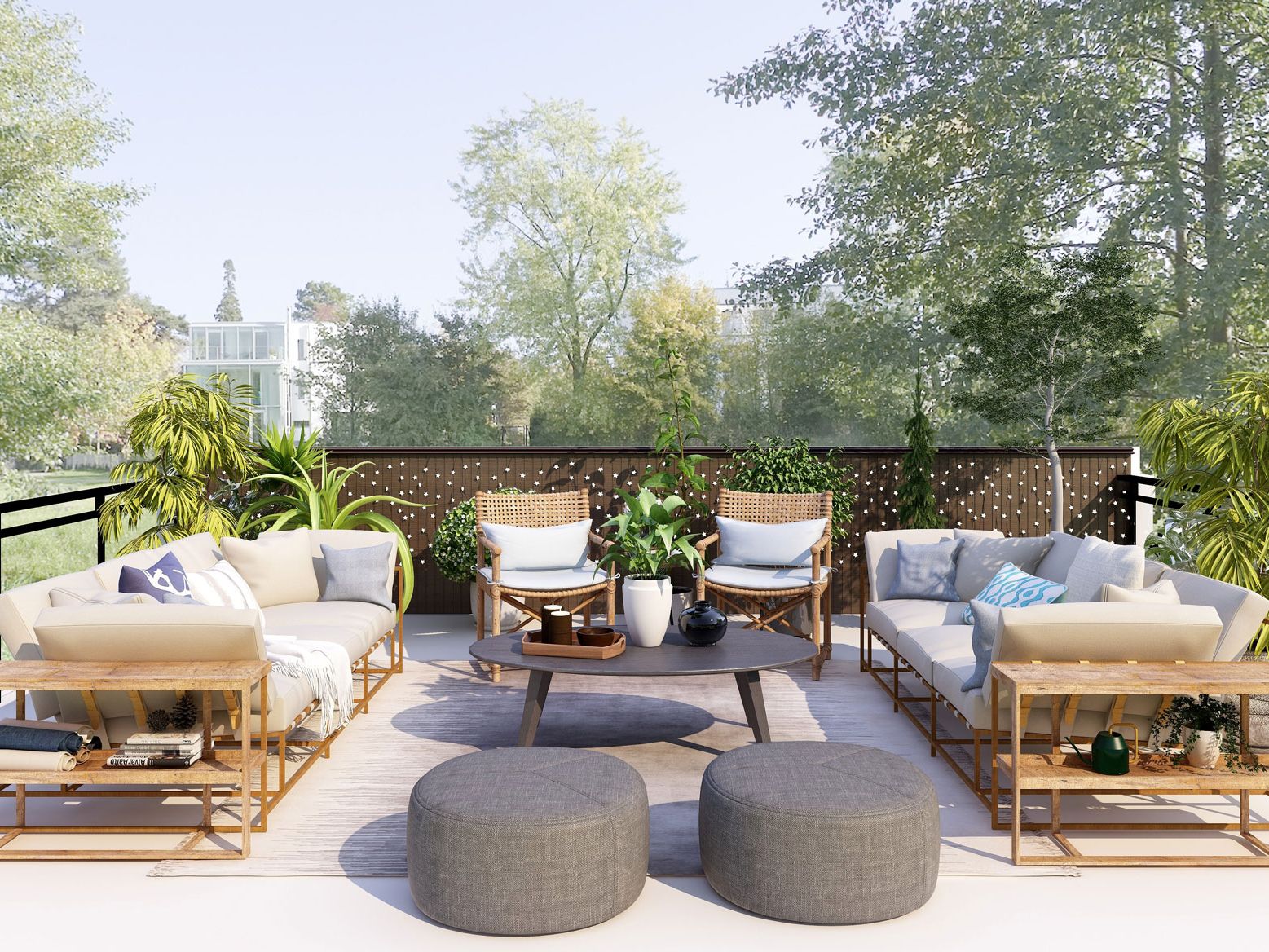 Illustrasjon av en møblert takterrasse med to sofaer, stoler og bord