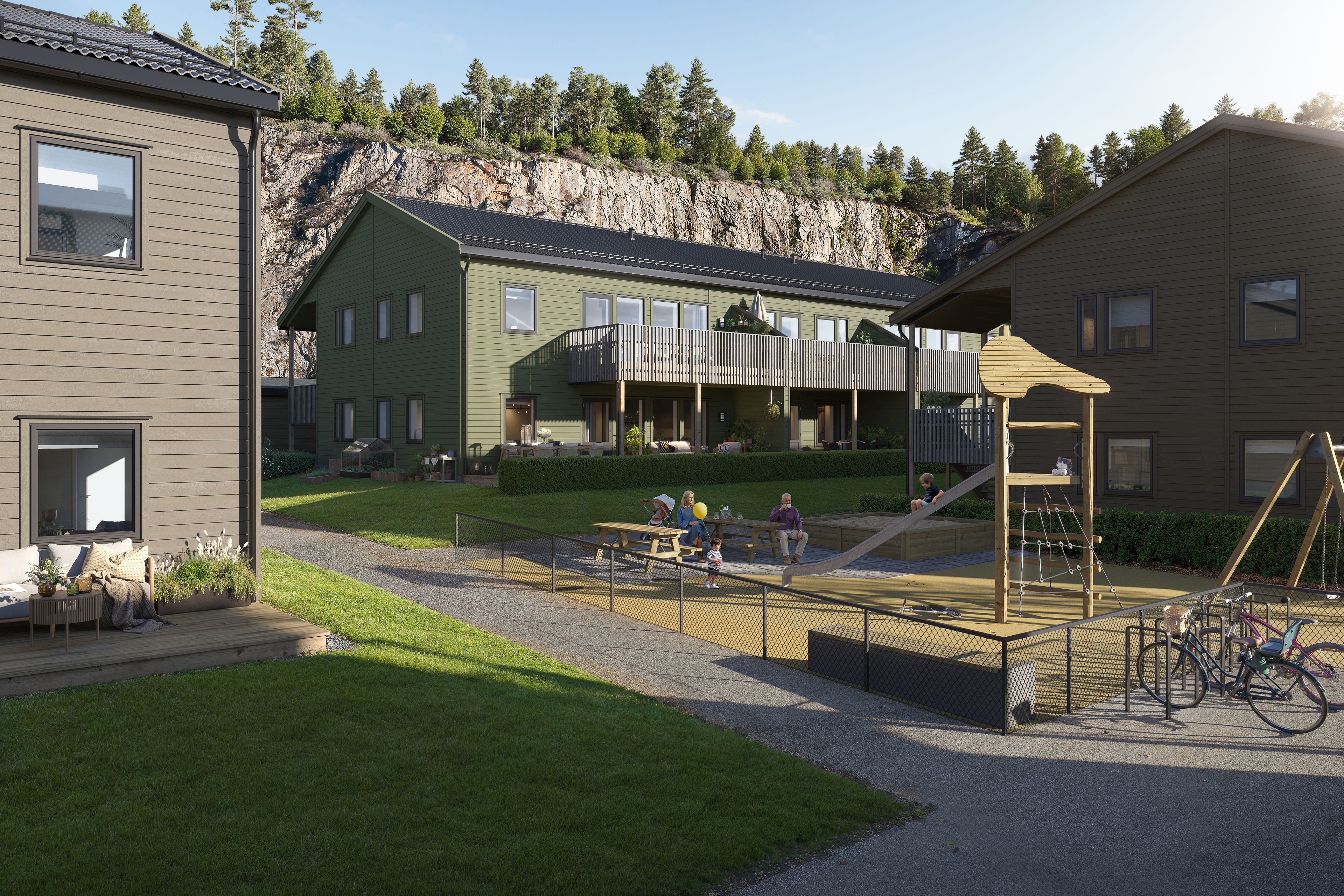 Illustrasjon av lekeplass utenfor leilighetsbygg