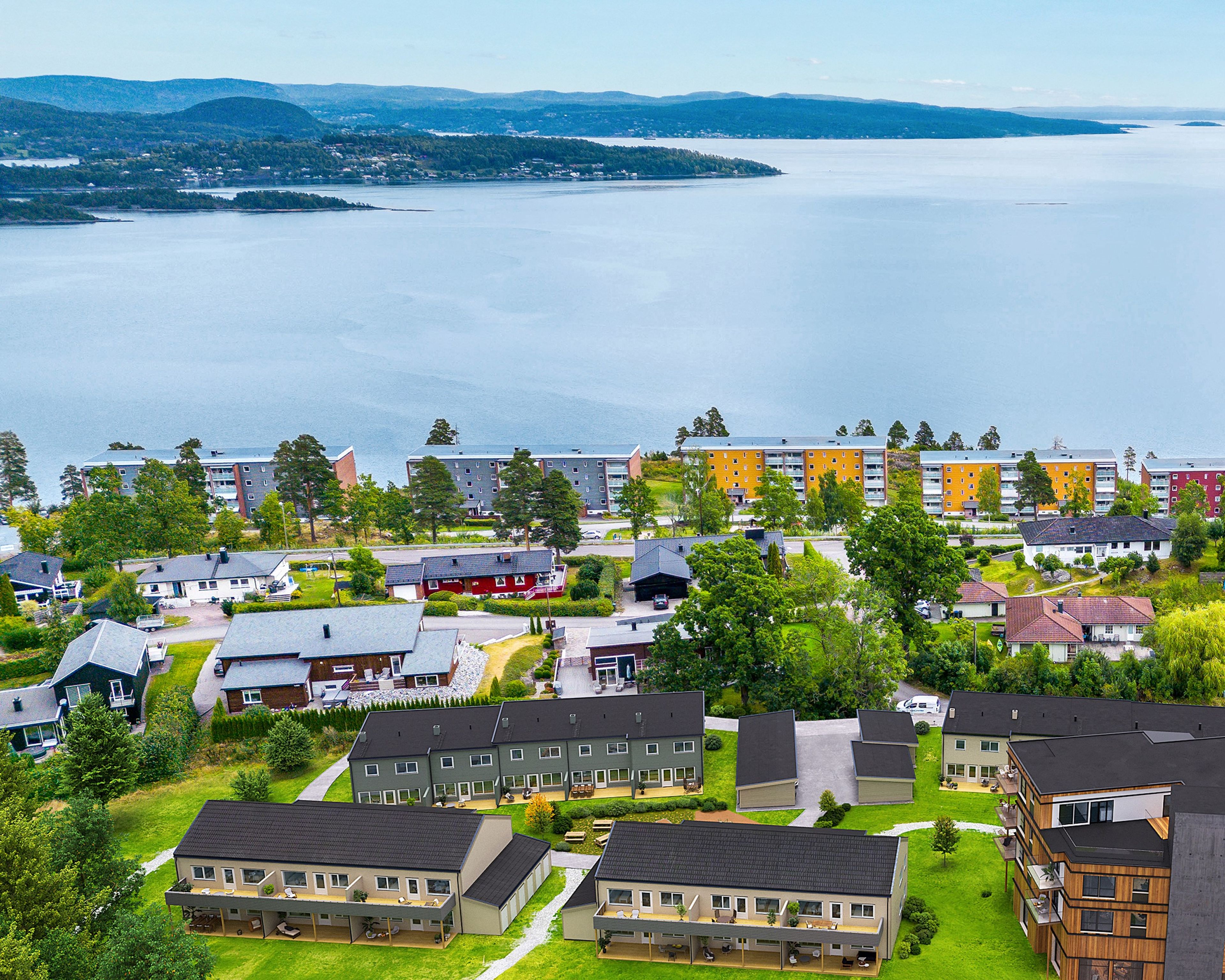 Oversiktsillustrasjon av leilighetene på Solbergjordet, sett mot sjøen.
