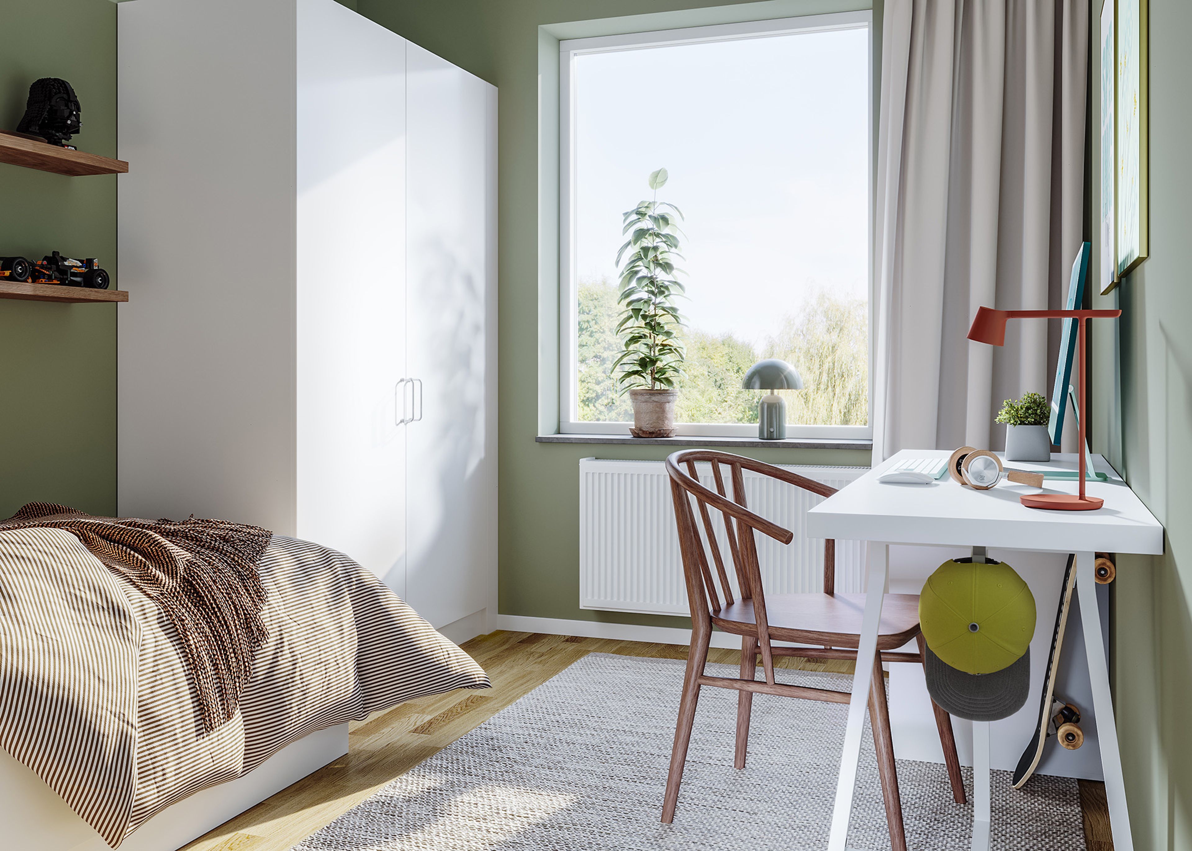 Illustration av ett sovrum med enkelsäng, skrivbord och fönster