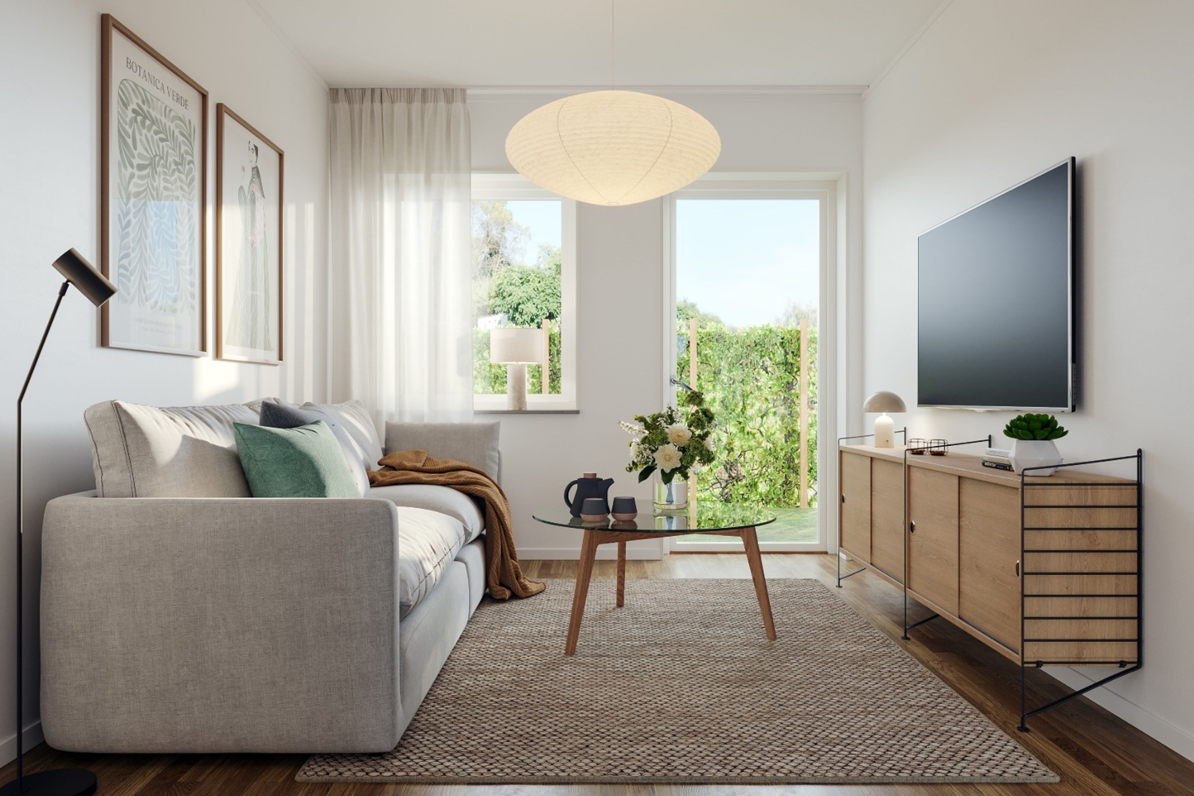 Illustrationsbild av allrum med soffa och tv