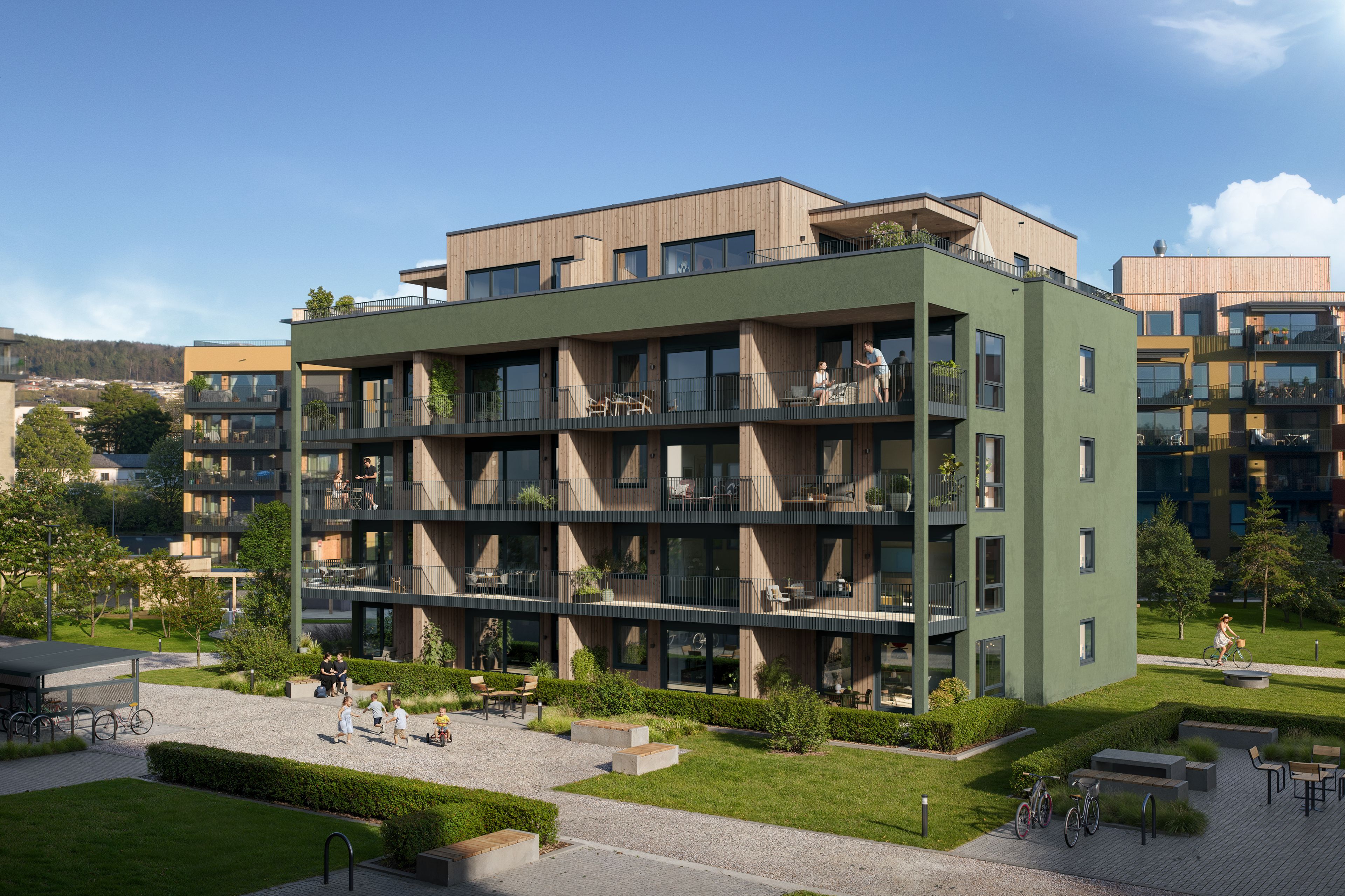 Illustrasjon av balkongene og gårdsrommet i Stålverket Torg