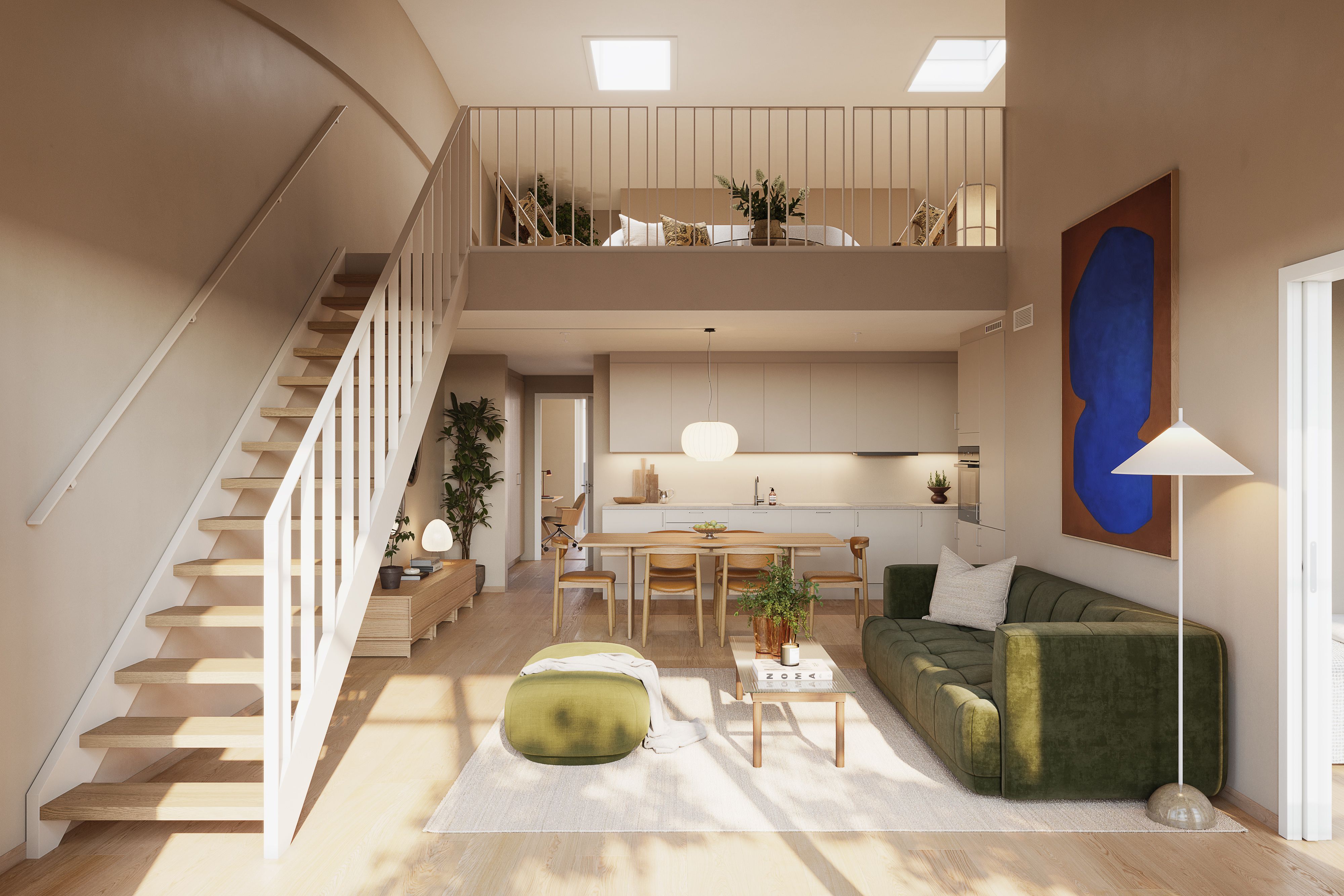 Illustrasjon av leilighet med mesanin i Glasshallene, Trykkeriet Nydalen