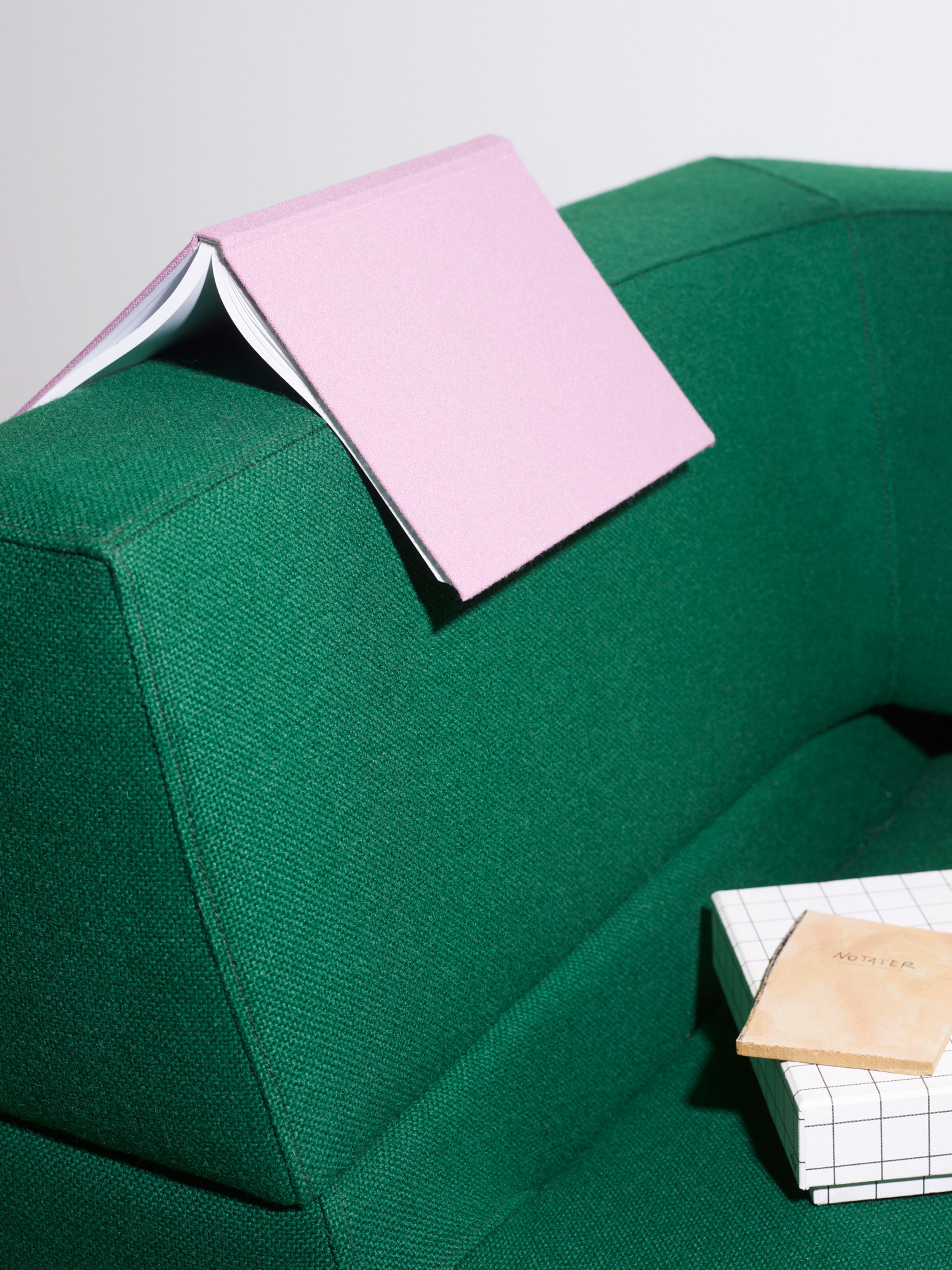 En rosa bok ligger over armlenet på en grønn sofa. En boks og en bok ligger i sofaen.