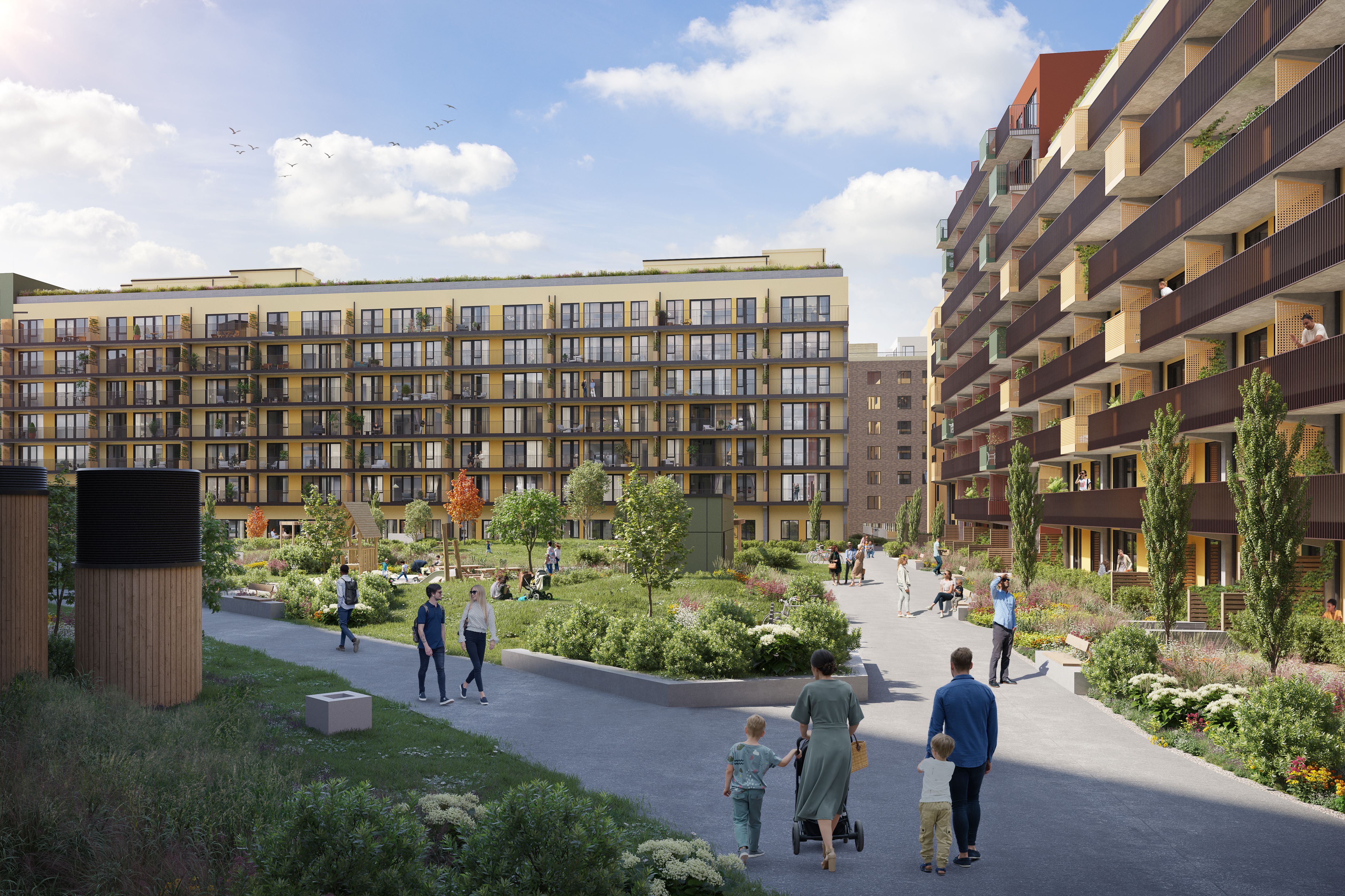 Illustrasjon av mennesker som går i gårdsrommet til boligprosjektet Ulvenplassen i solskinn