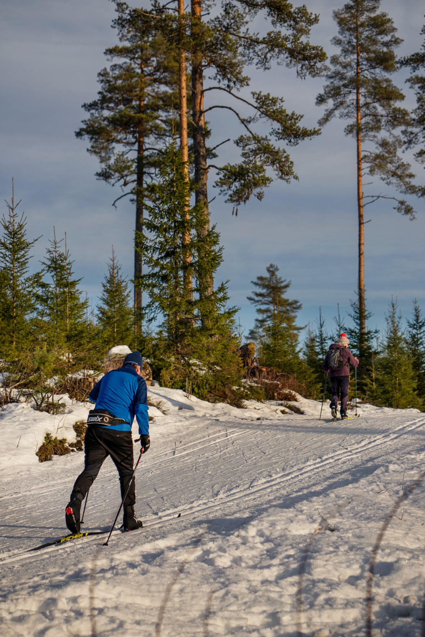 Bildet viser to personer som går på ski.