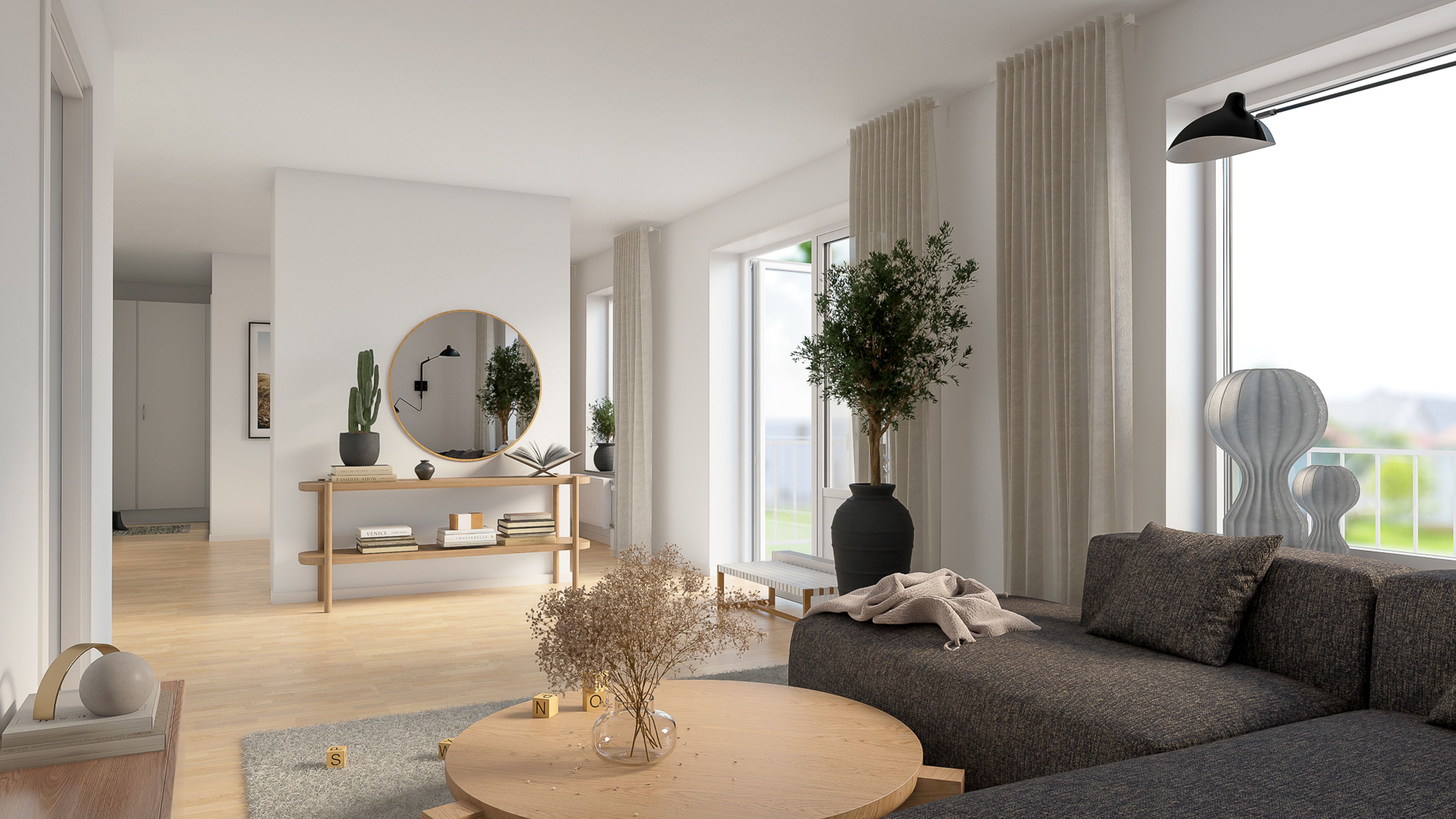 Illustration av vardagsrum med stor soffa och stora fönsterpartier