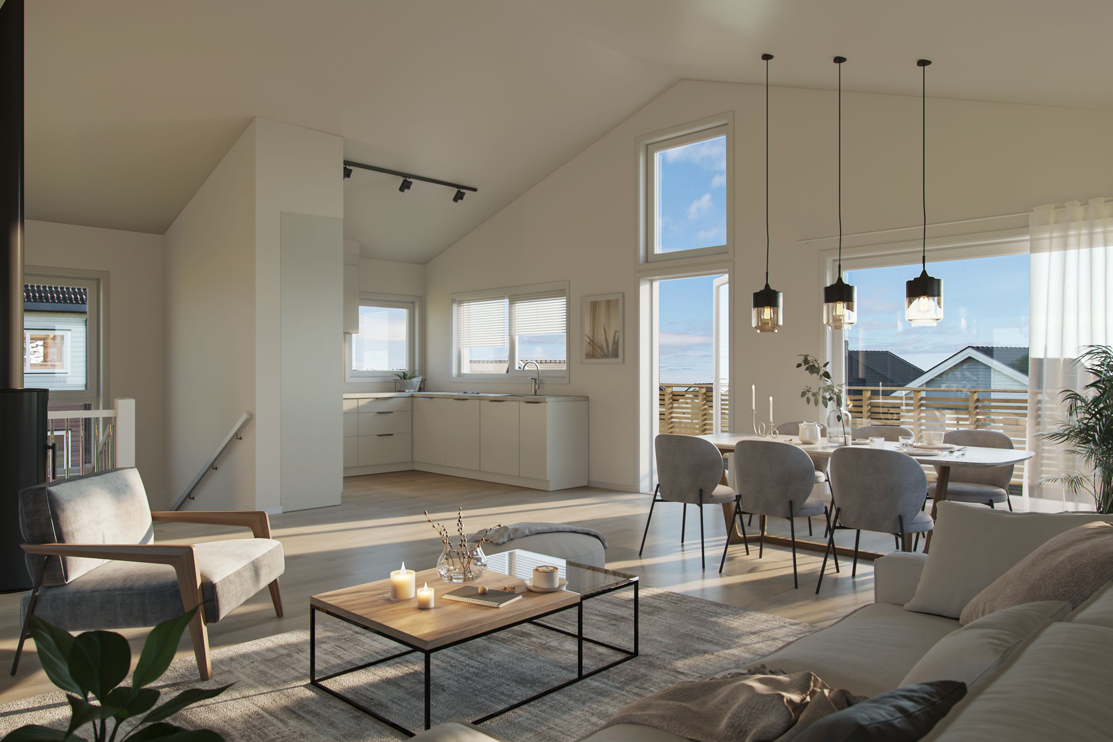 Illustrasjon av åpen løsning med sofa, spisestue med seks stoler og kjøkken i hus 2 på Villa Havblikk.