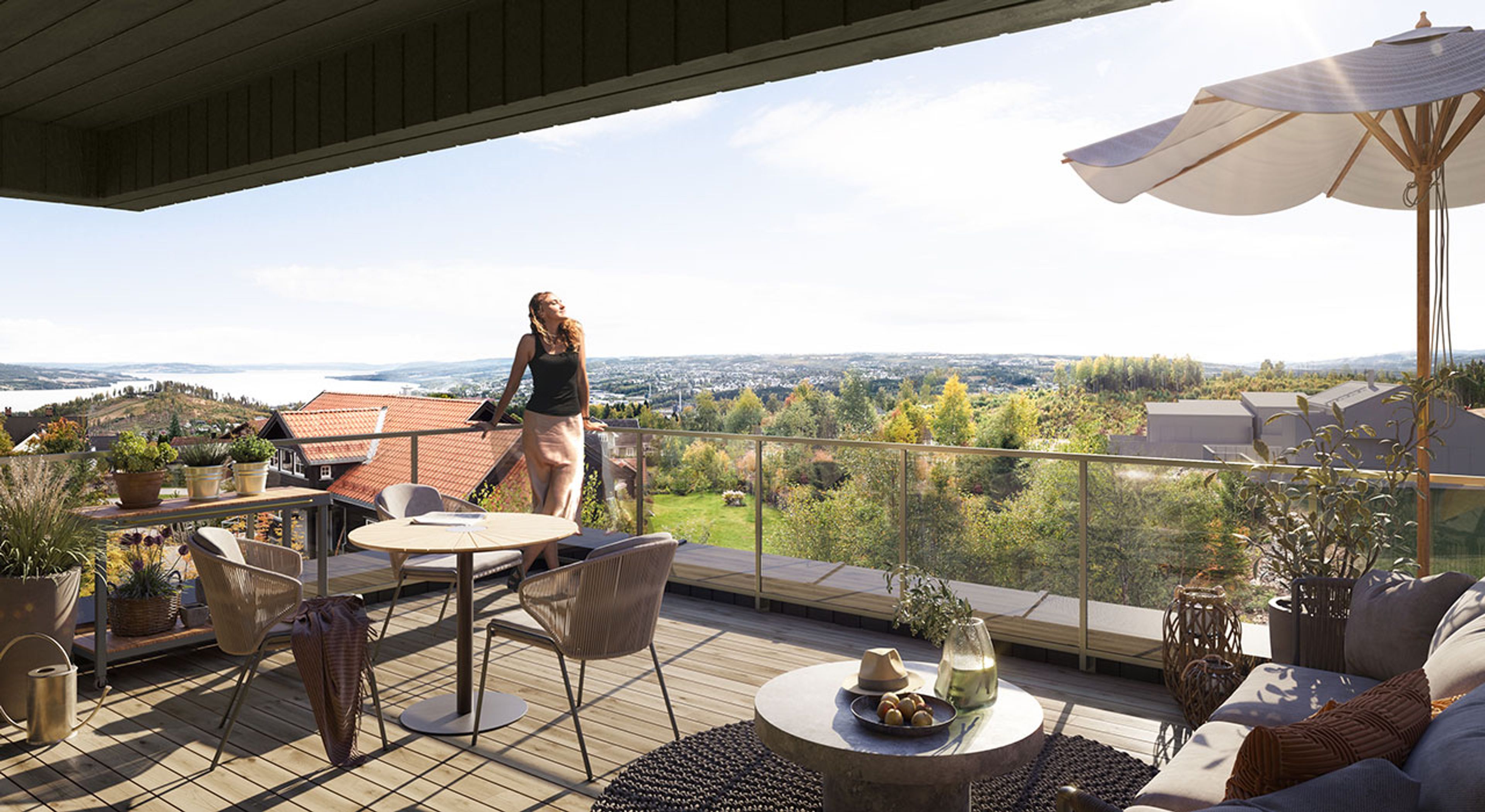 Illustrasjon av terrasse med utsikt i Hus B på Øverbylia