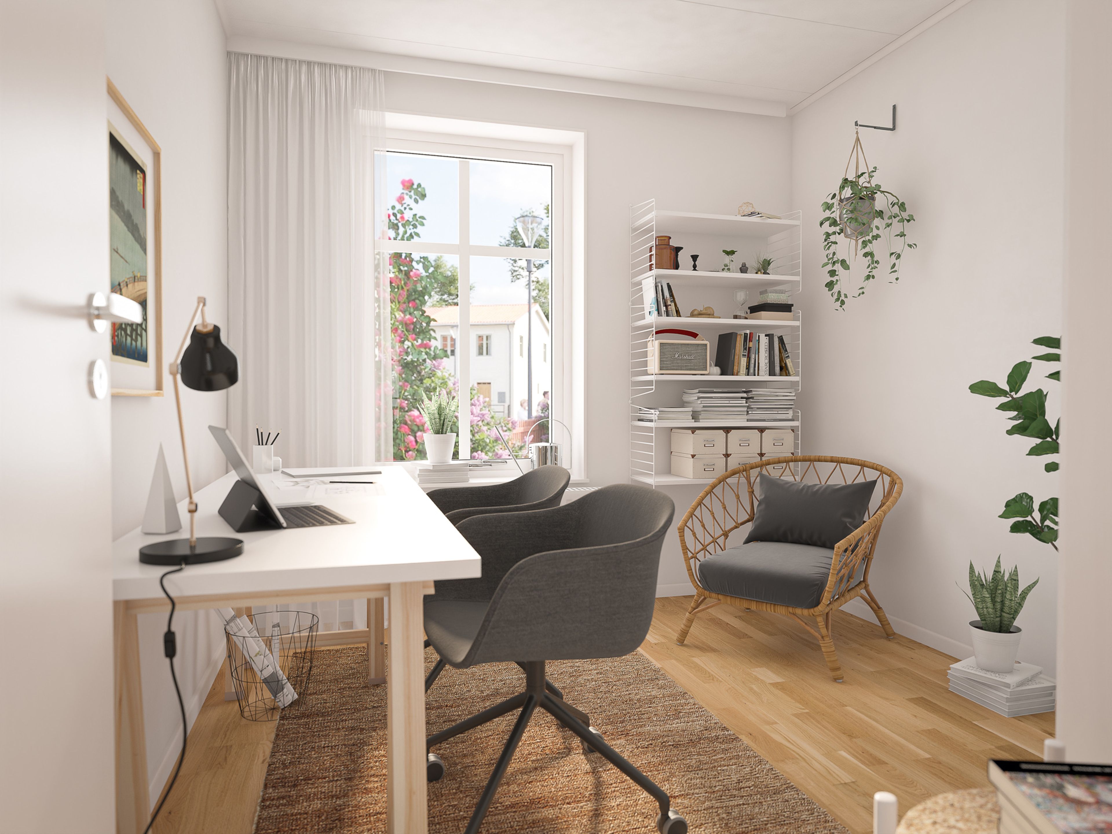 Illustration av kontorsrum med skrivbord och två stolar