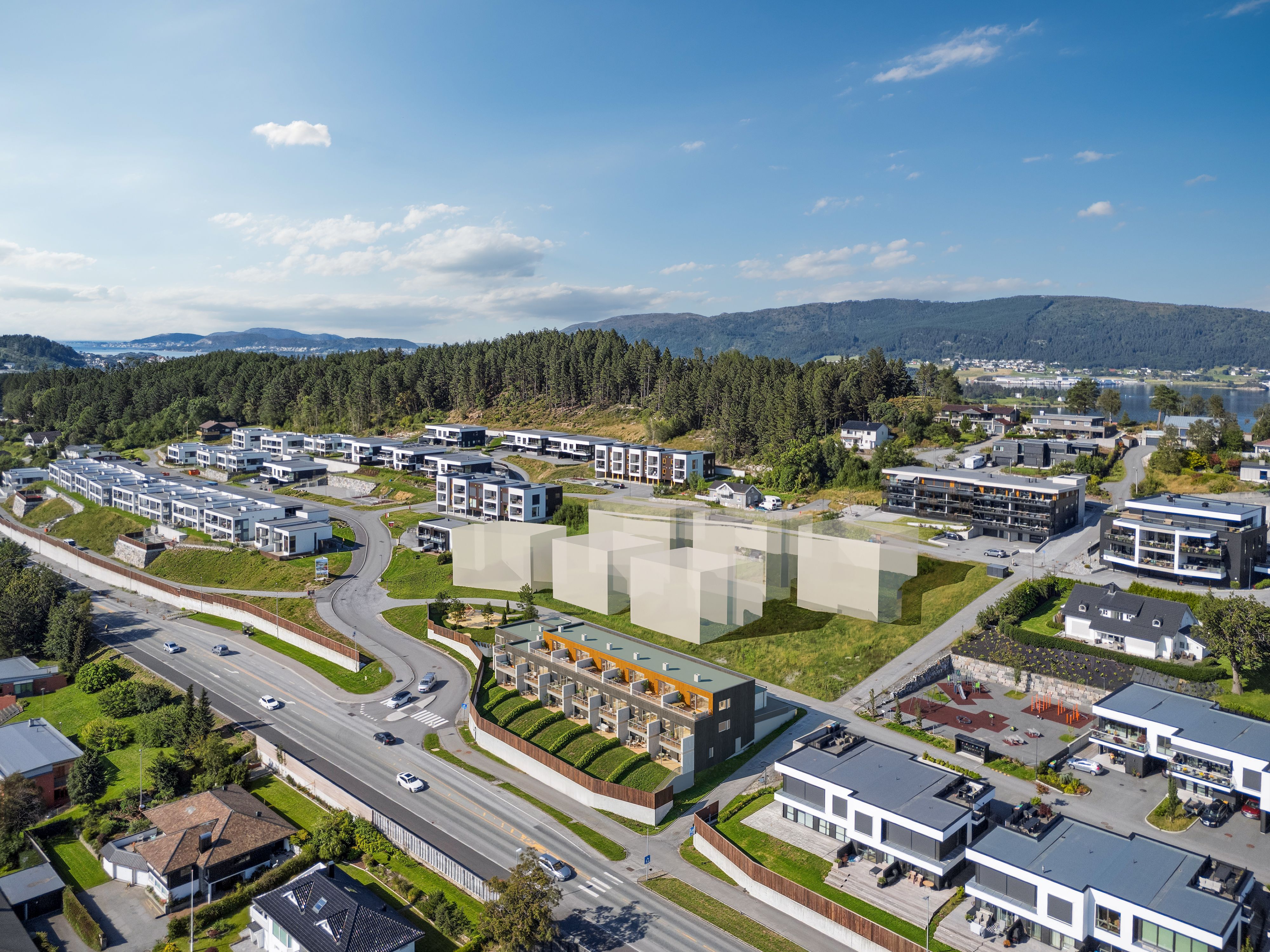 Illustrasjon av tomten der leilighetene kommer på Åsetunet