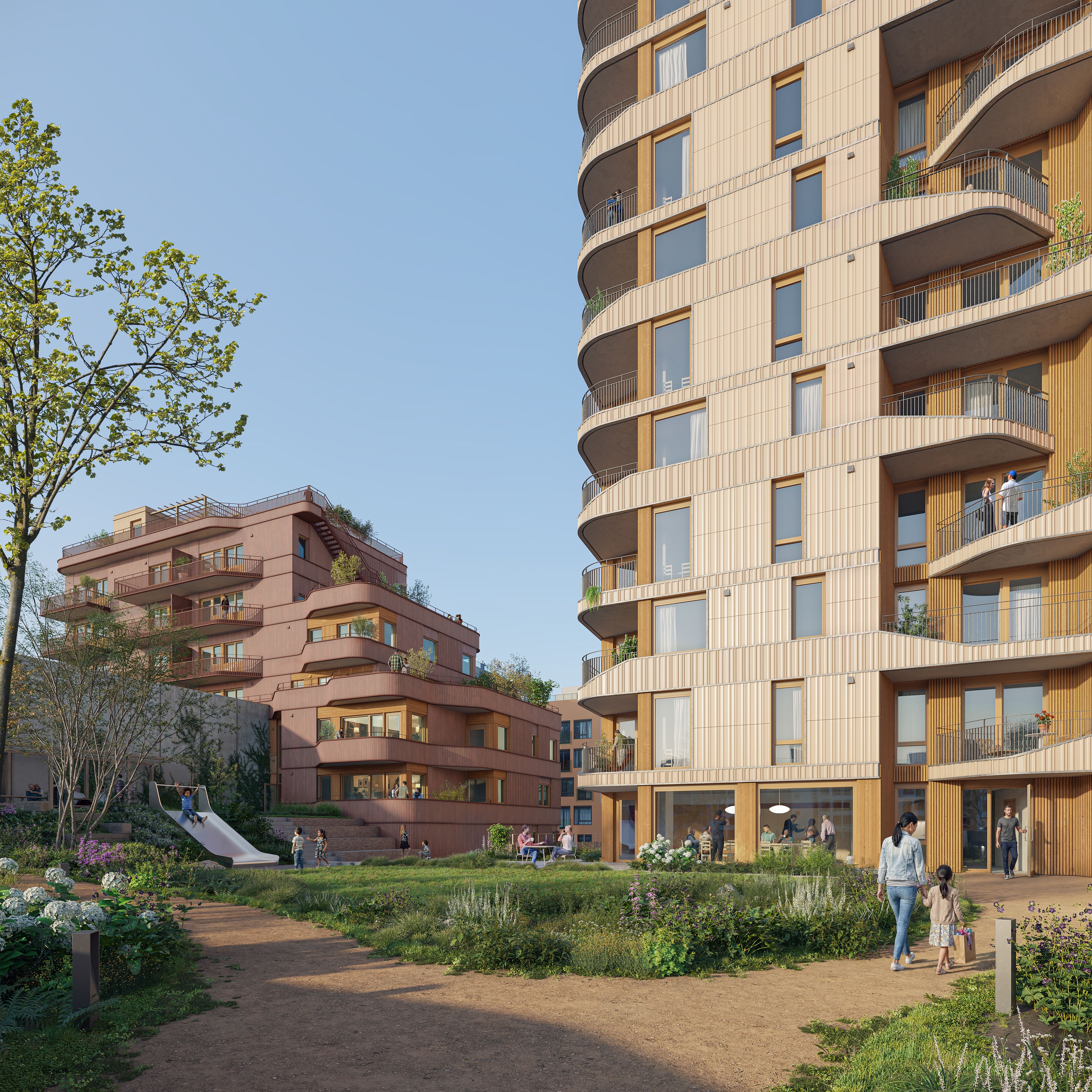 To boligbygg ved siden a hverandre, med torg i forgrunnen
