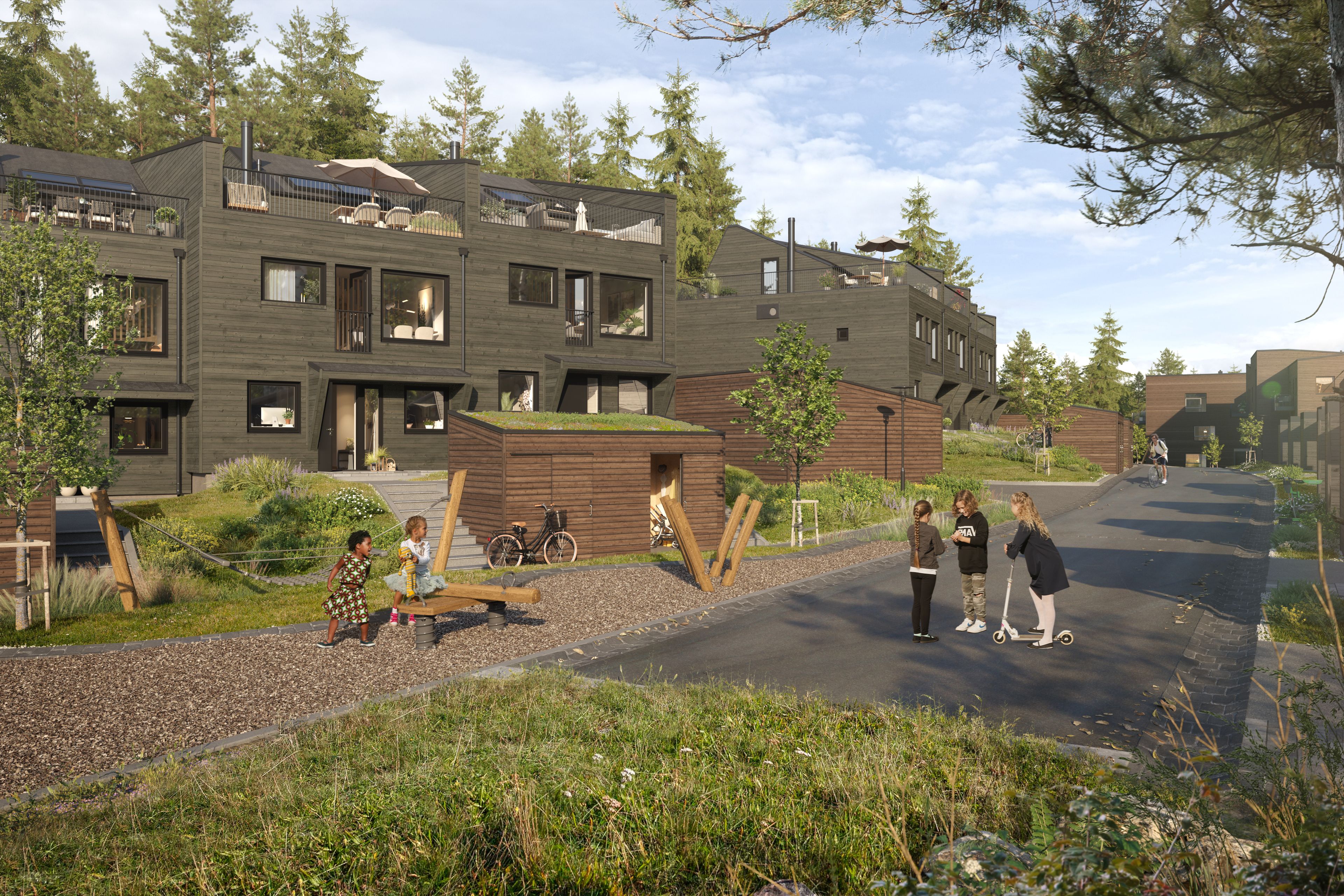 Illustrasjon av mennesker ute på tunet i boligprosjektet Vitigrend