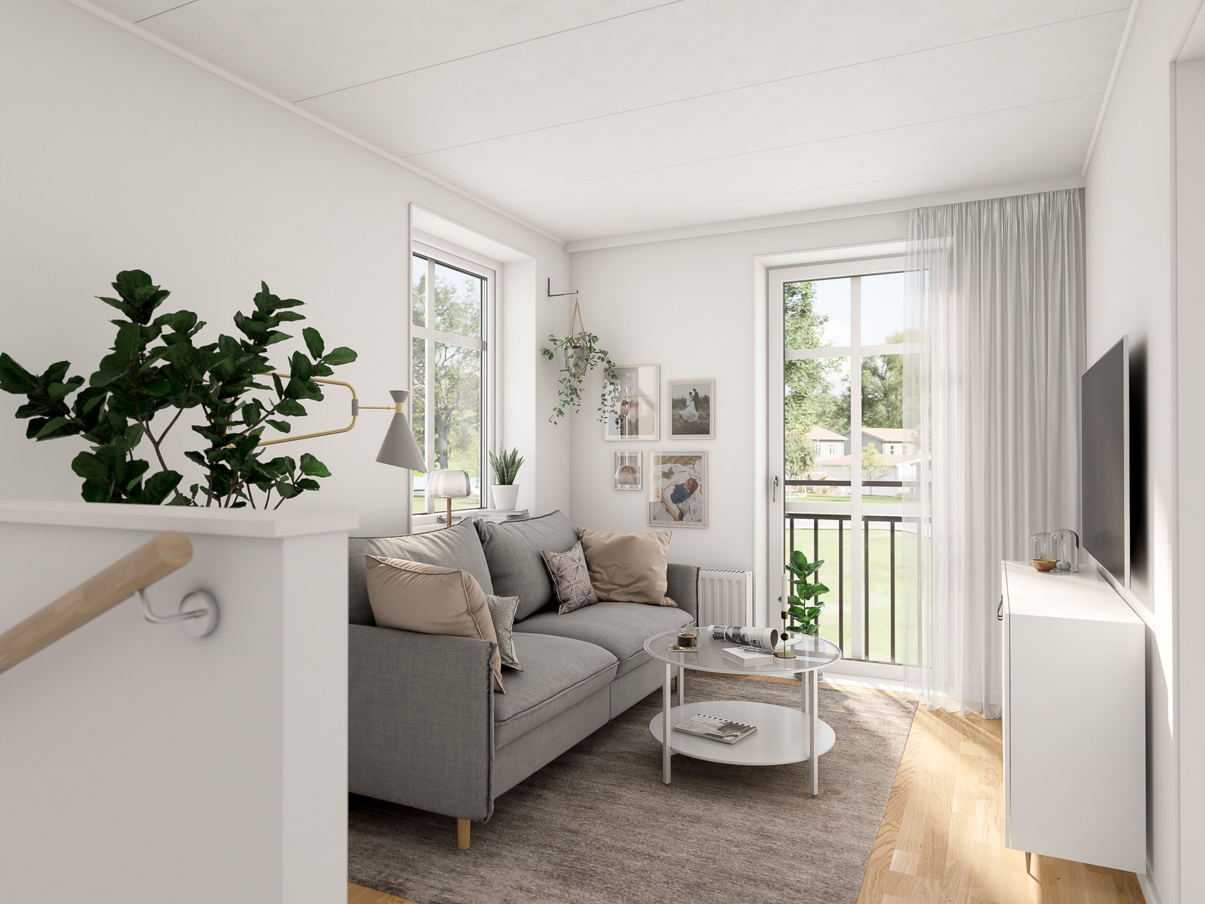 Illustration av allrum på ovanvåningen, med fransk balkong
