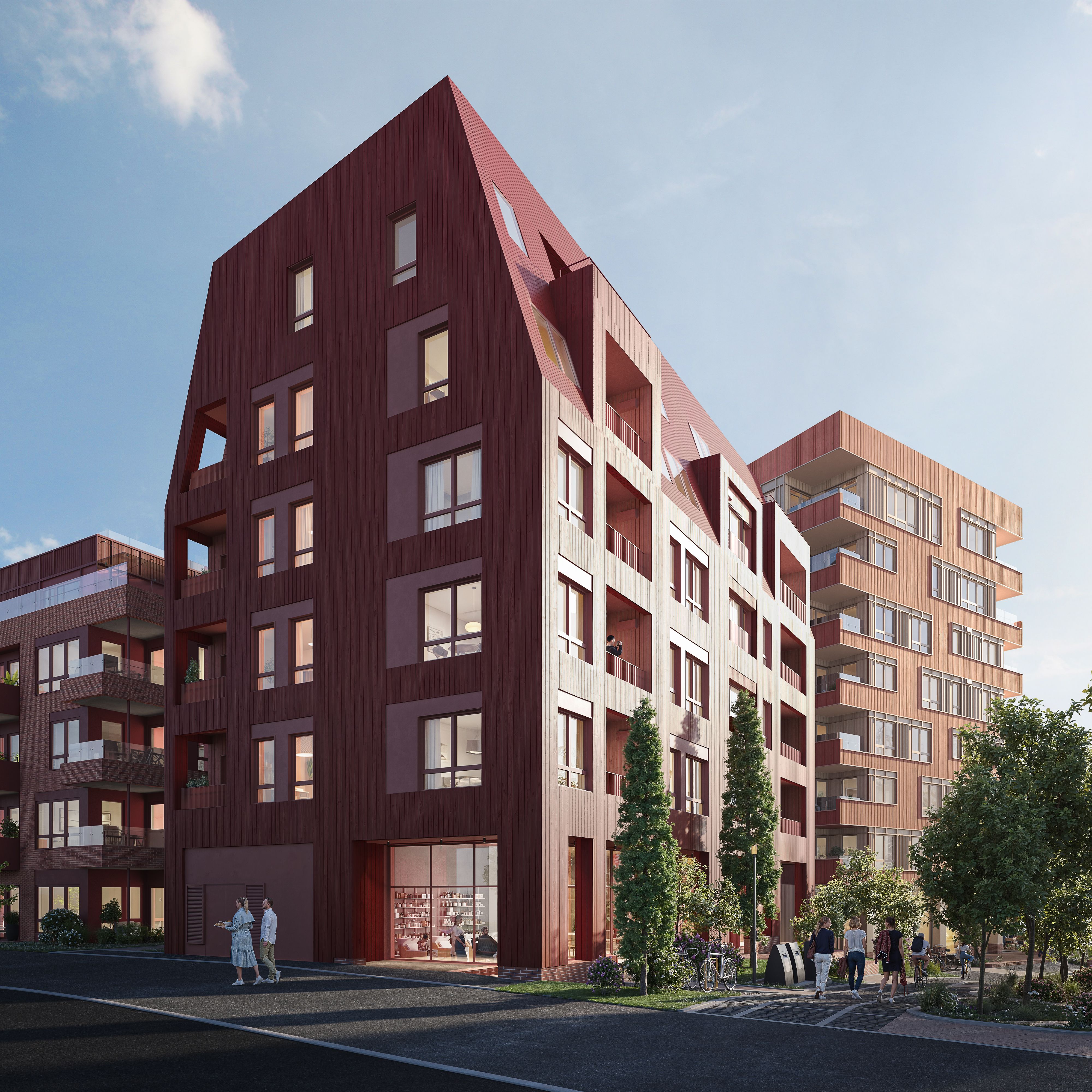 Byhus i Kvartal A med skråtak over to etasjer