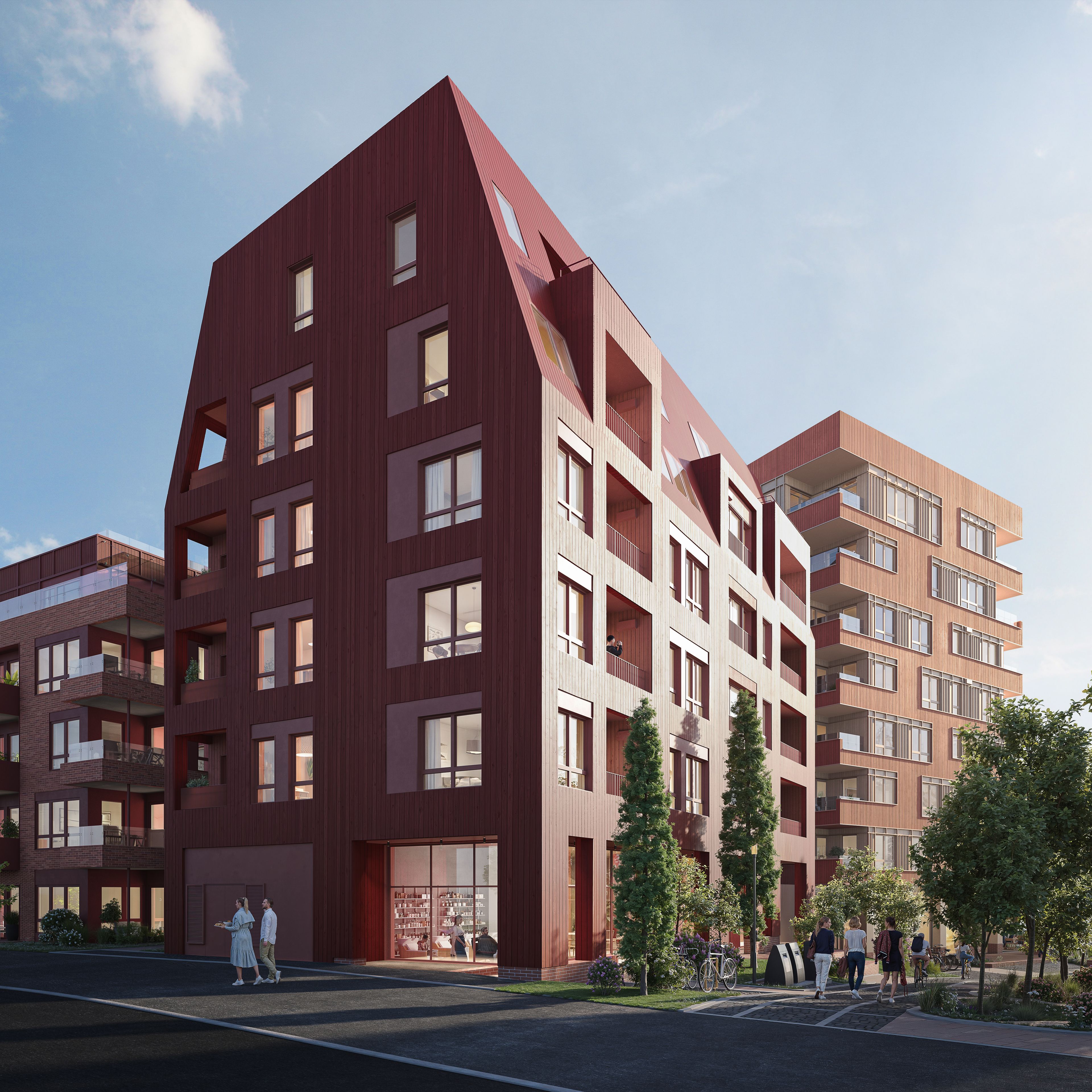 Illustrasjon av byhus og næring på gateplan