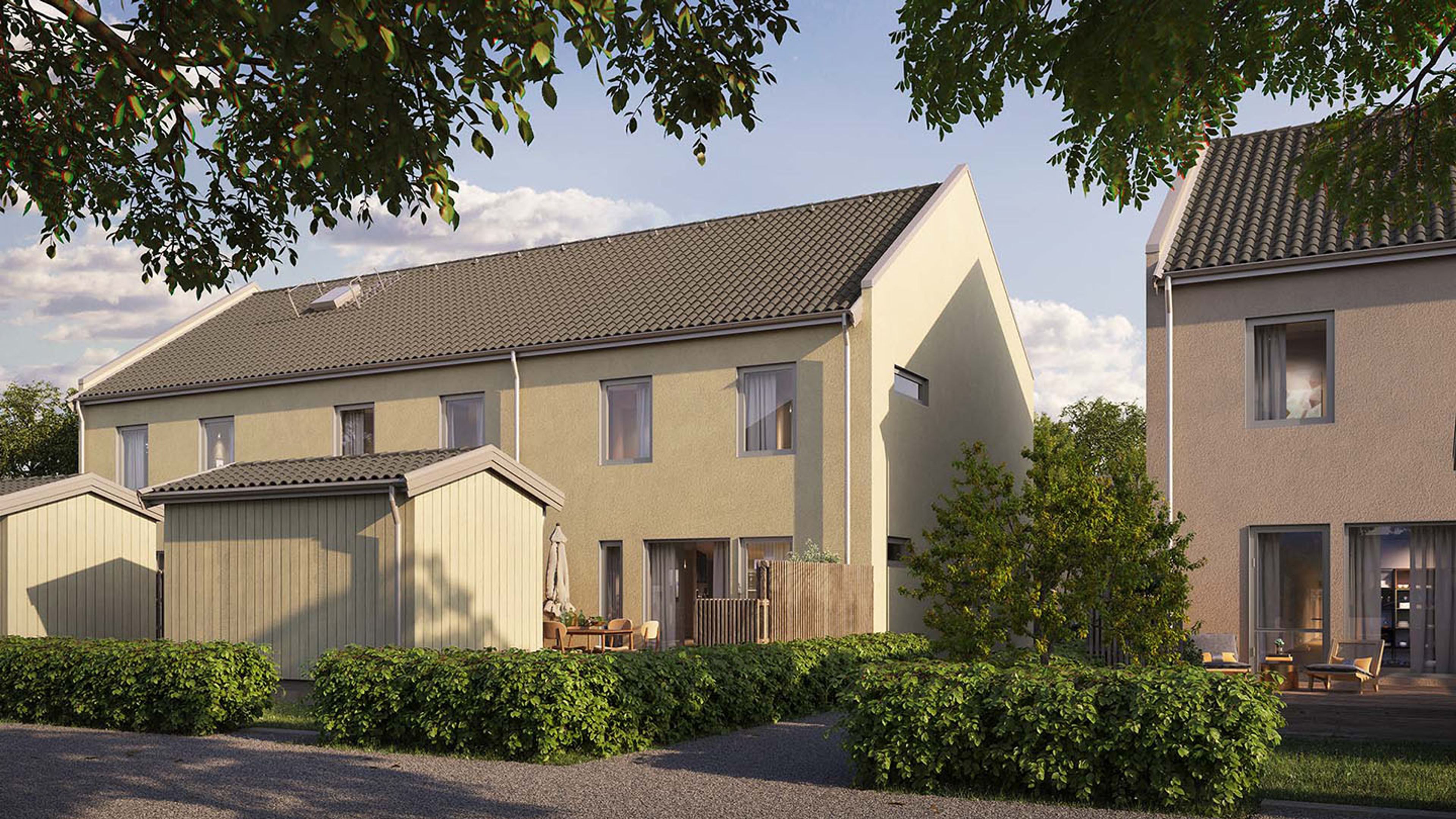 Illustrationsbild av radhus med ljus puts, med trädgården i förgrunden.