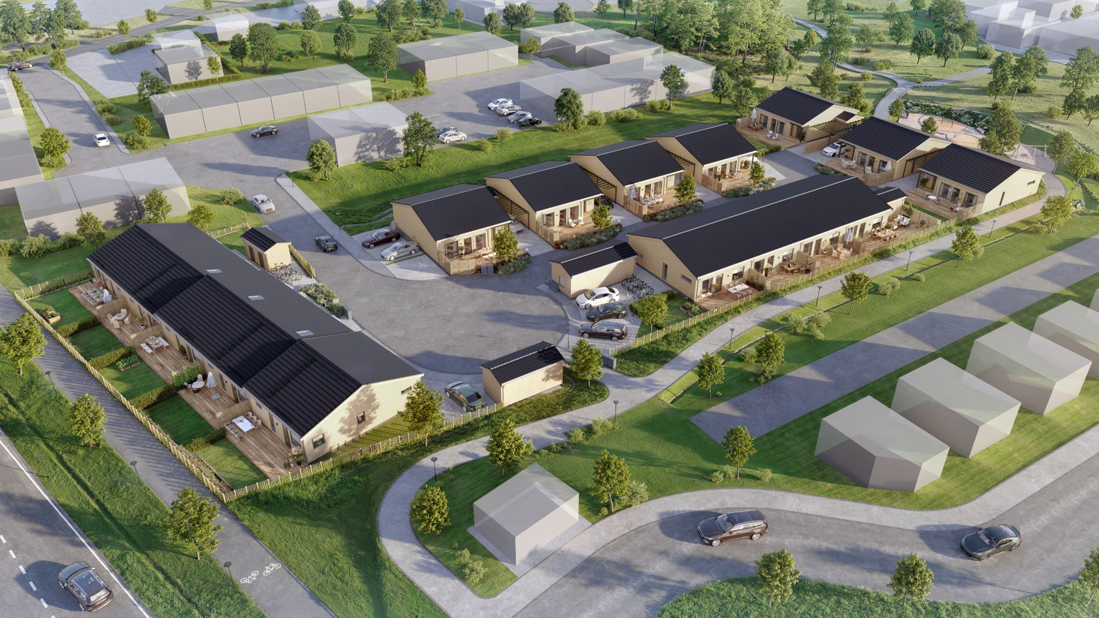 Illustrationsbild av kvarteret med 16 radhus och kedjehus