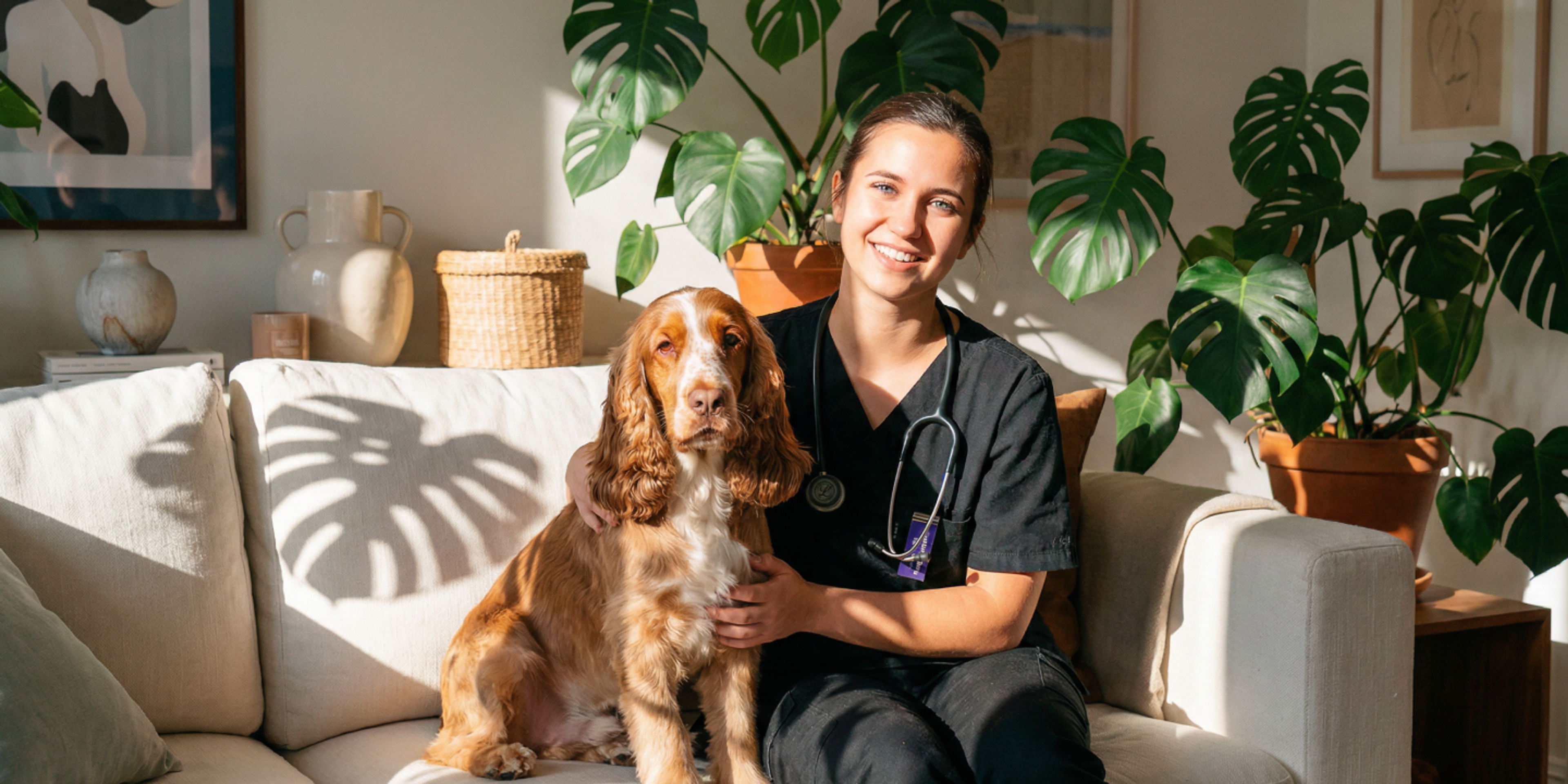 Veterinär som sitter med hund i soffa
