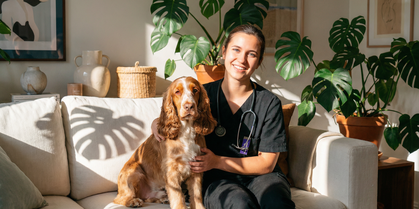 Veterinär som sitter med hund i soffa