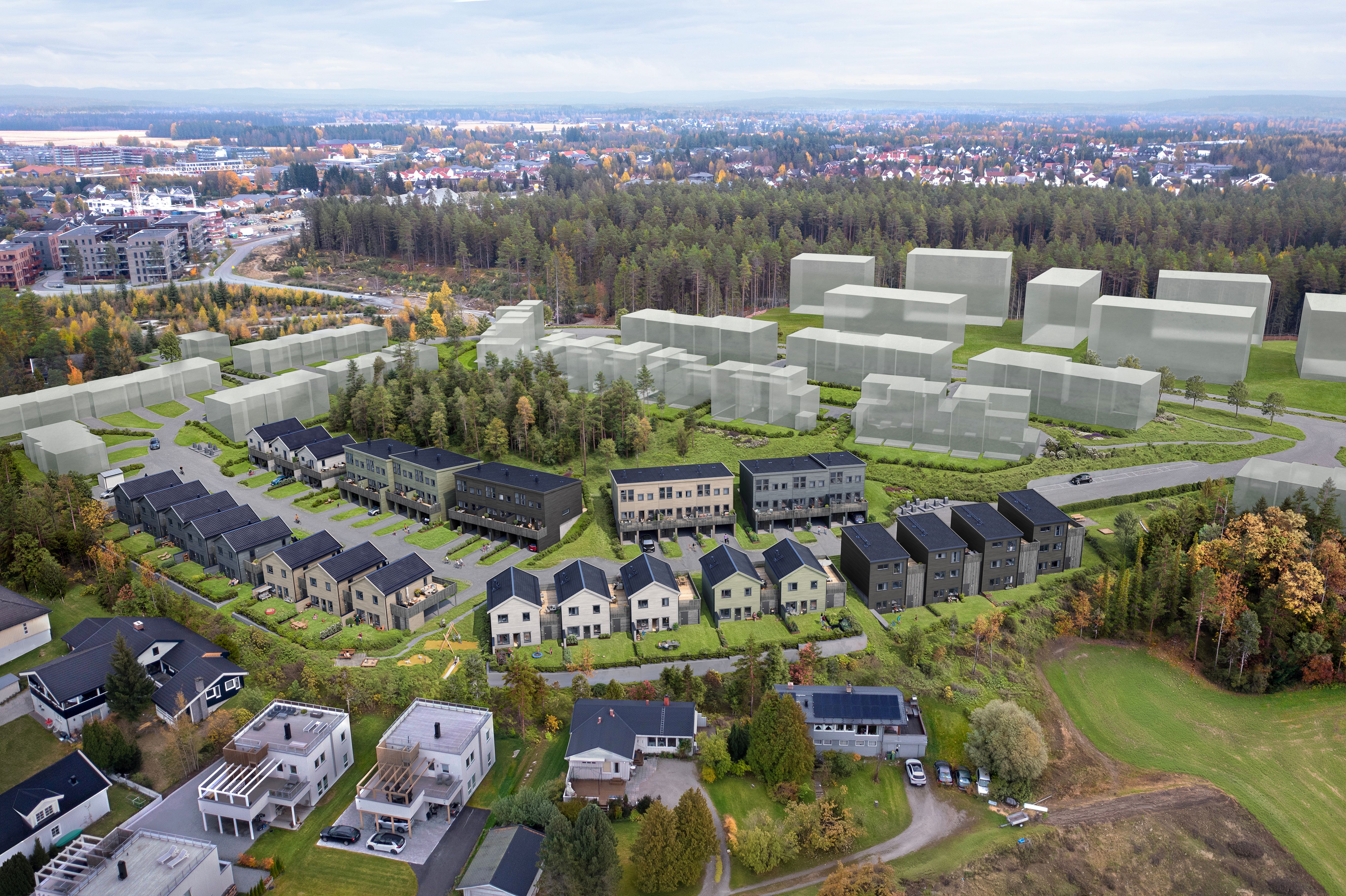 Oversiktsillustrasjon av boligene i boligprosjektet Jessheim Sørøst