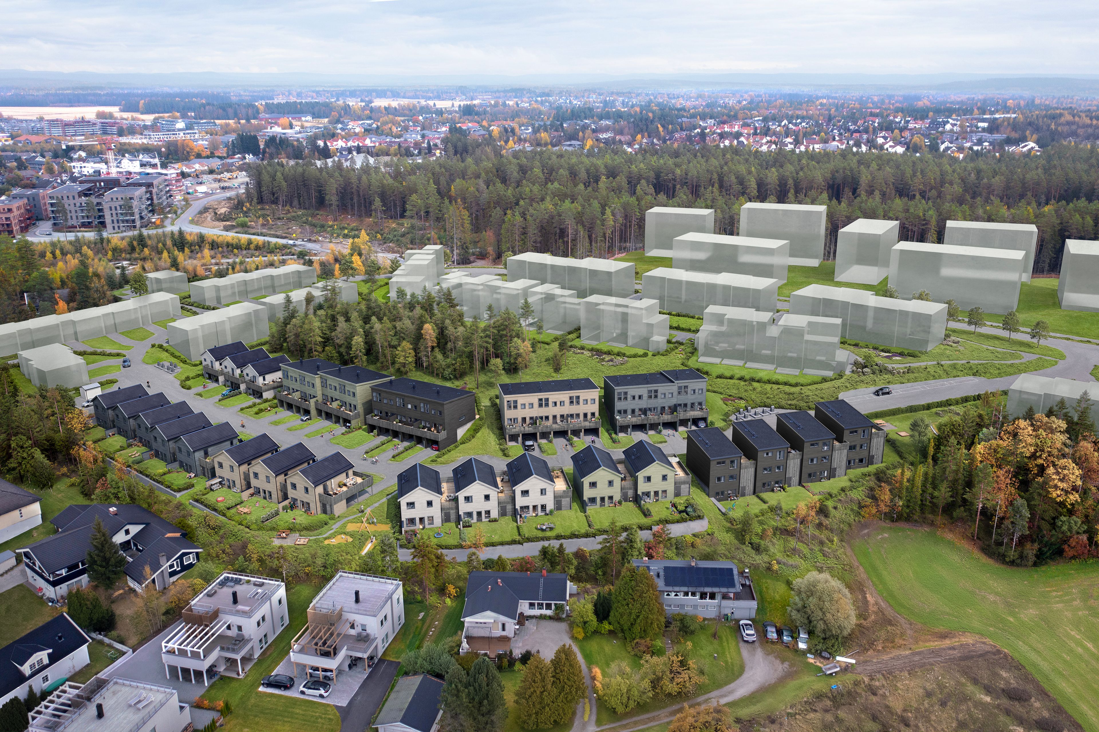 Oversiktsillustrasjon av boligene i boligprosjektet Jessheim Sørøst