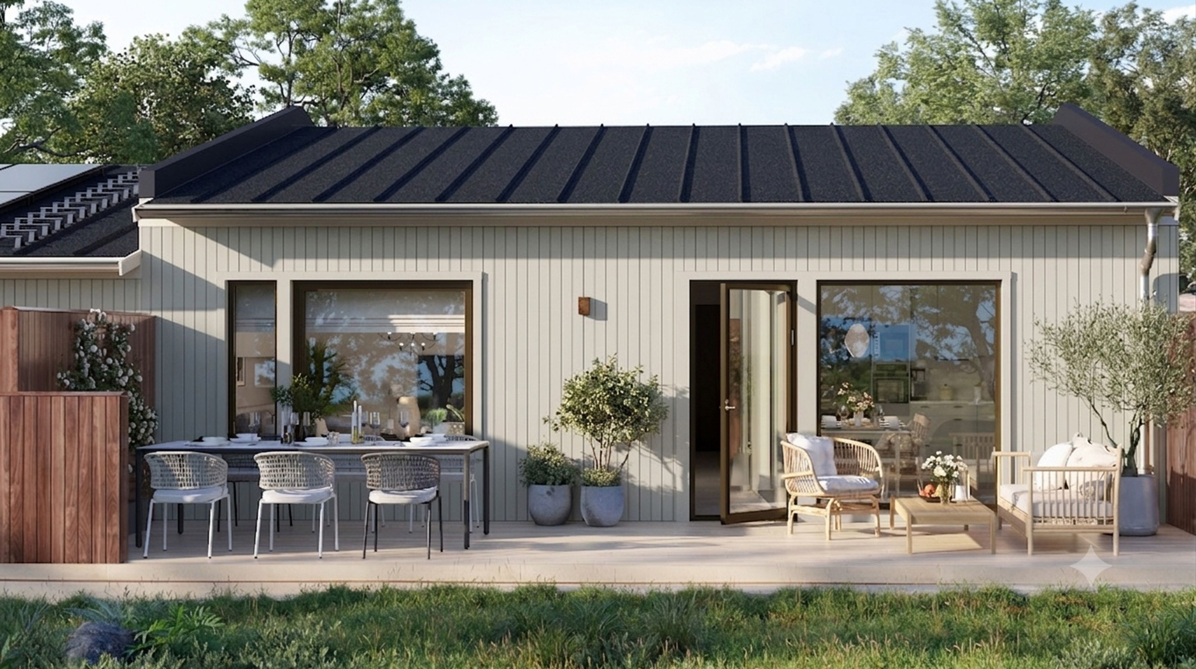 Illustration av altansidan till ett radhus i ett plan, men ljus träpanel och svart papptak