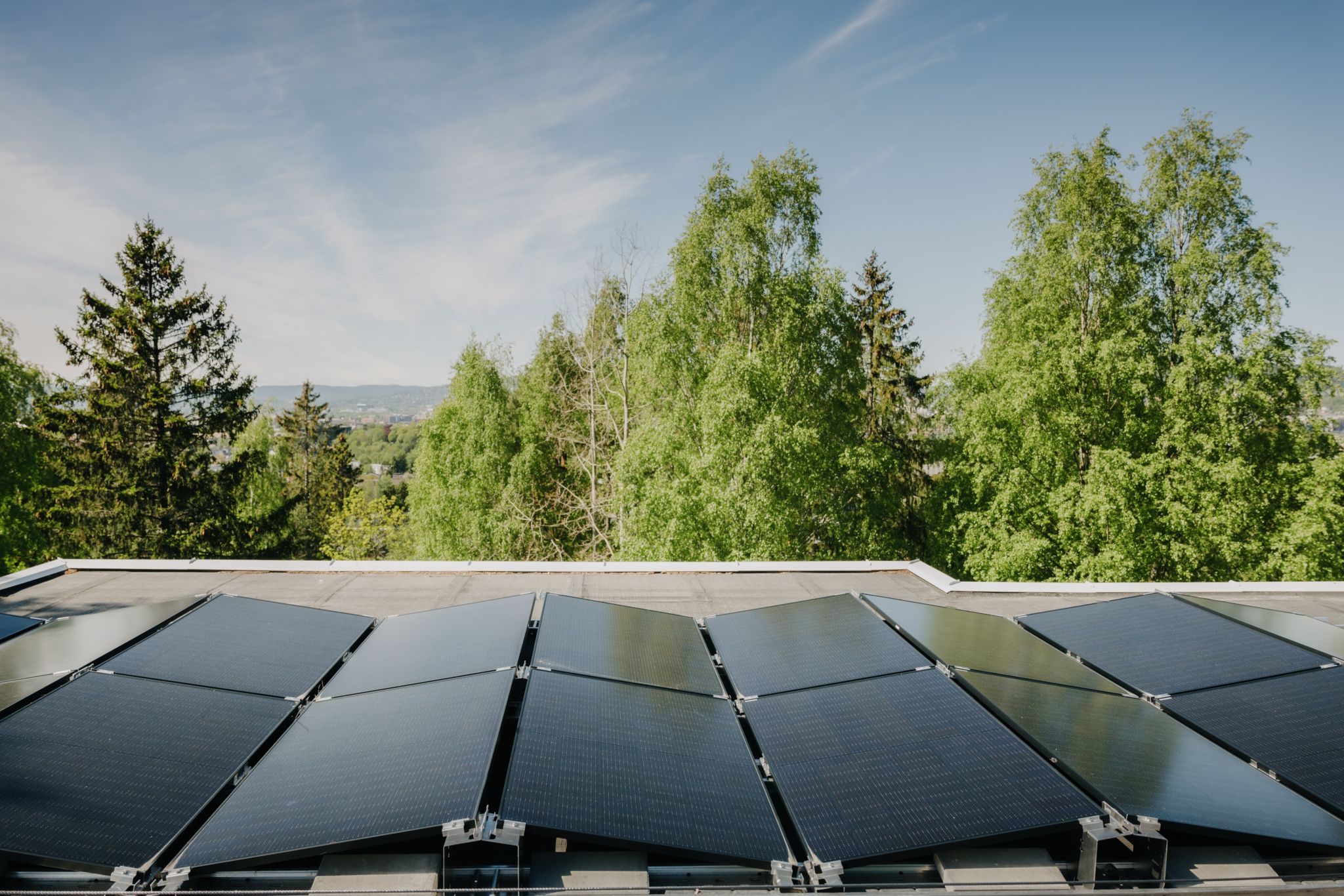Foto av solceller på rekke og rad på taket til en boligblokk.