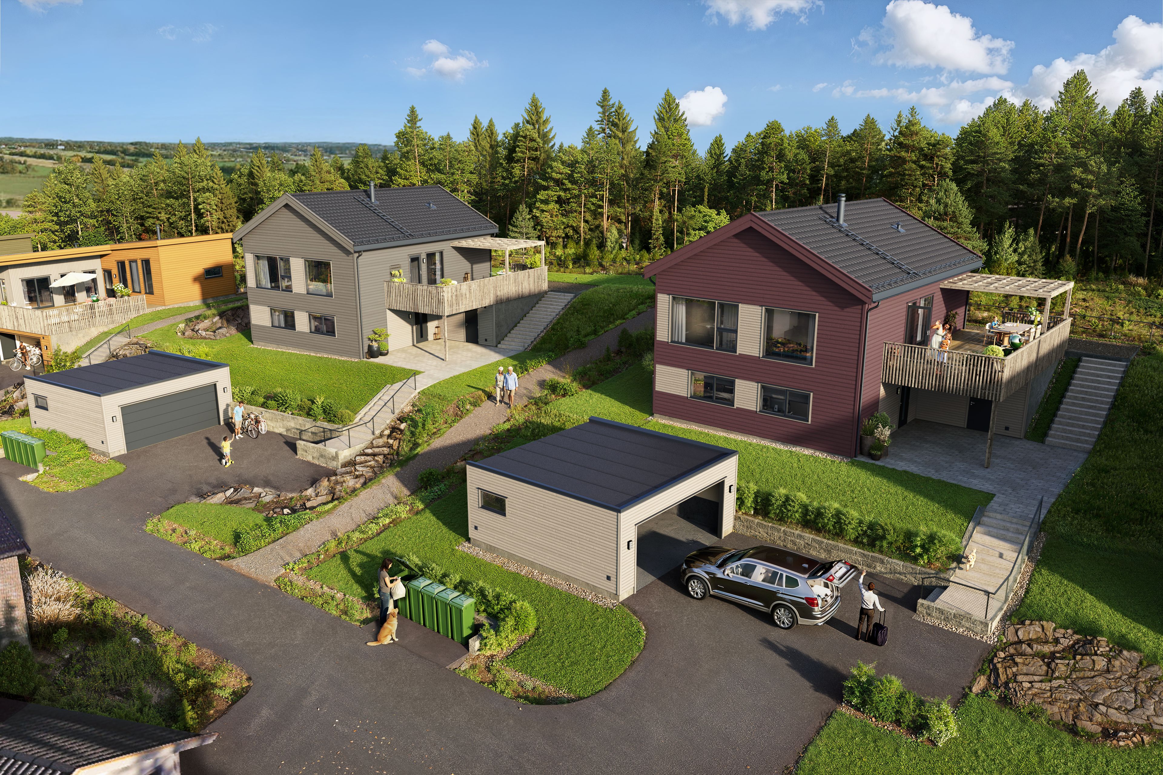 Illustrasjon av frittliggende eneboliger i hustypen Bergås, Strømnesåsen.