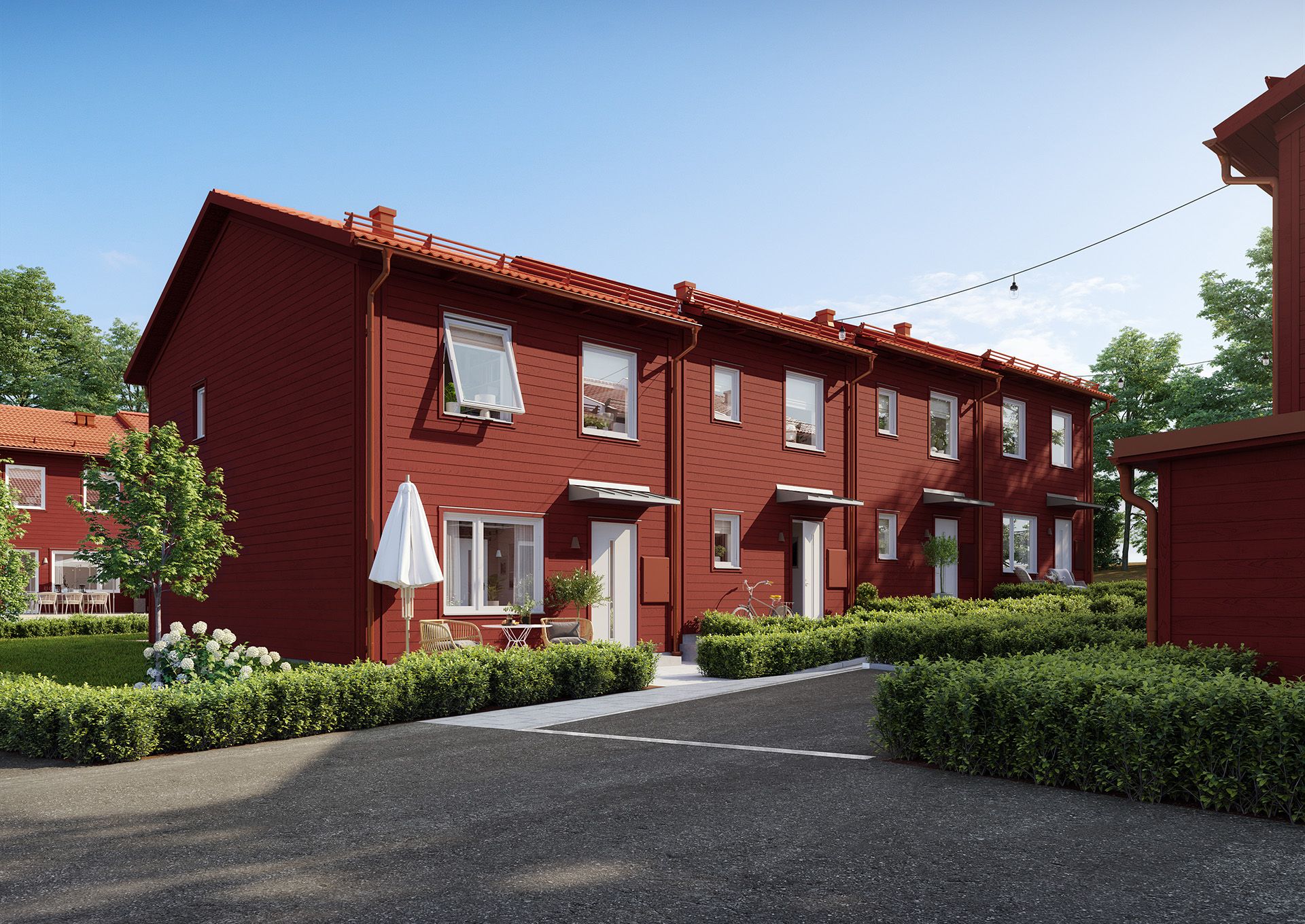 Illustration av entrésidan på en radhuslänga i röd trädfasad