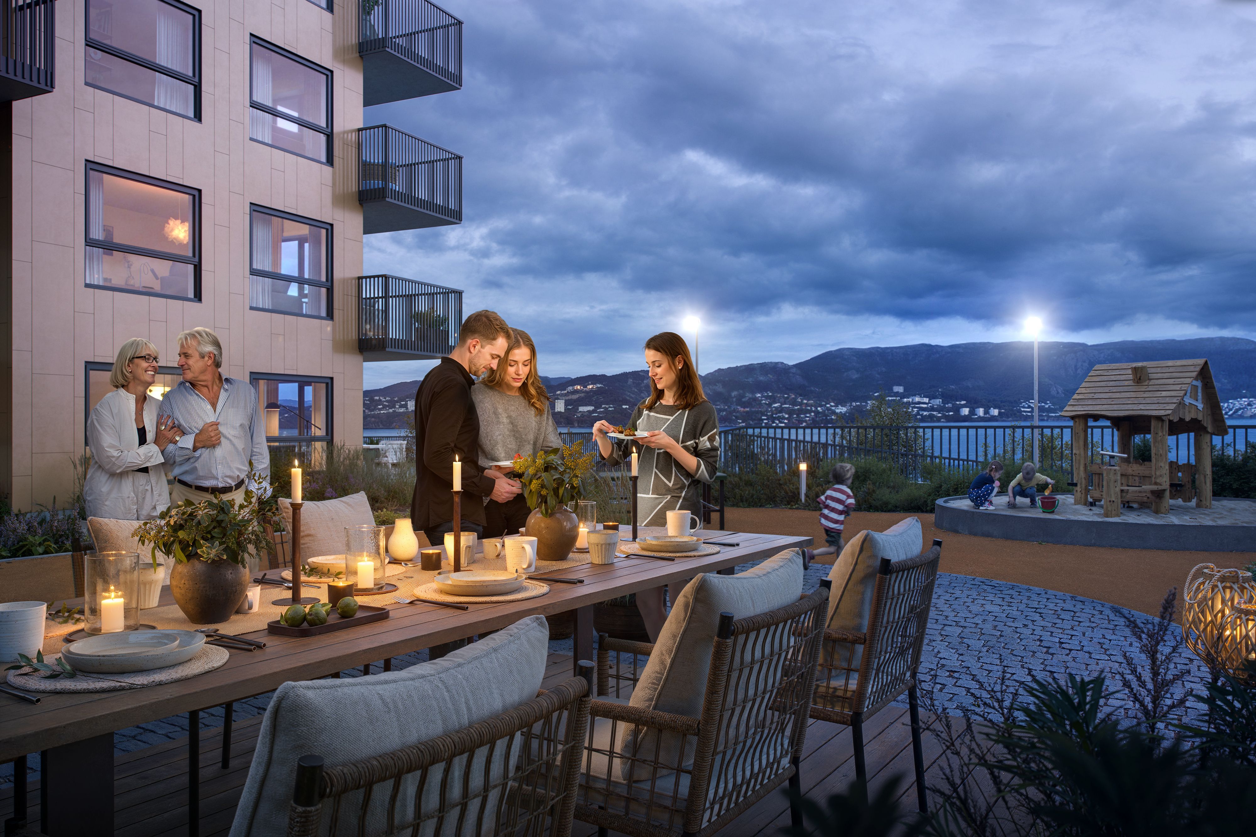 Illustrasjon av felles uteområde med pergola, på Byfjordporten.