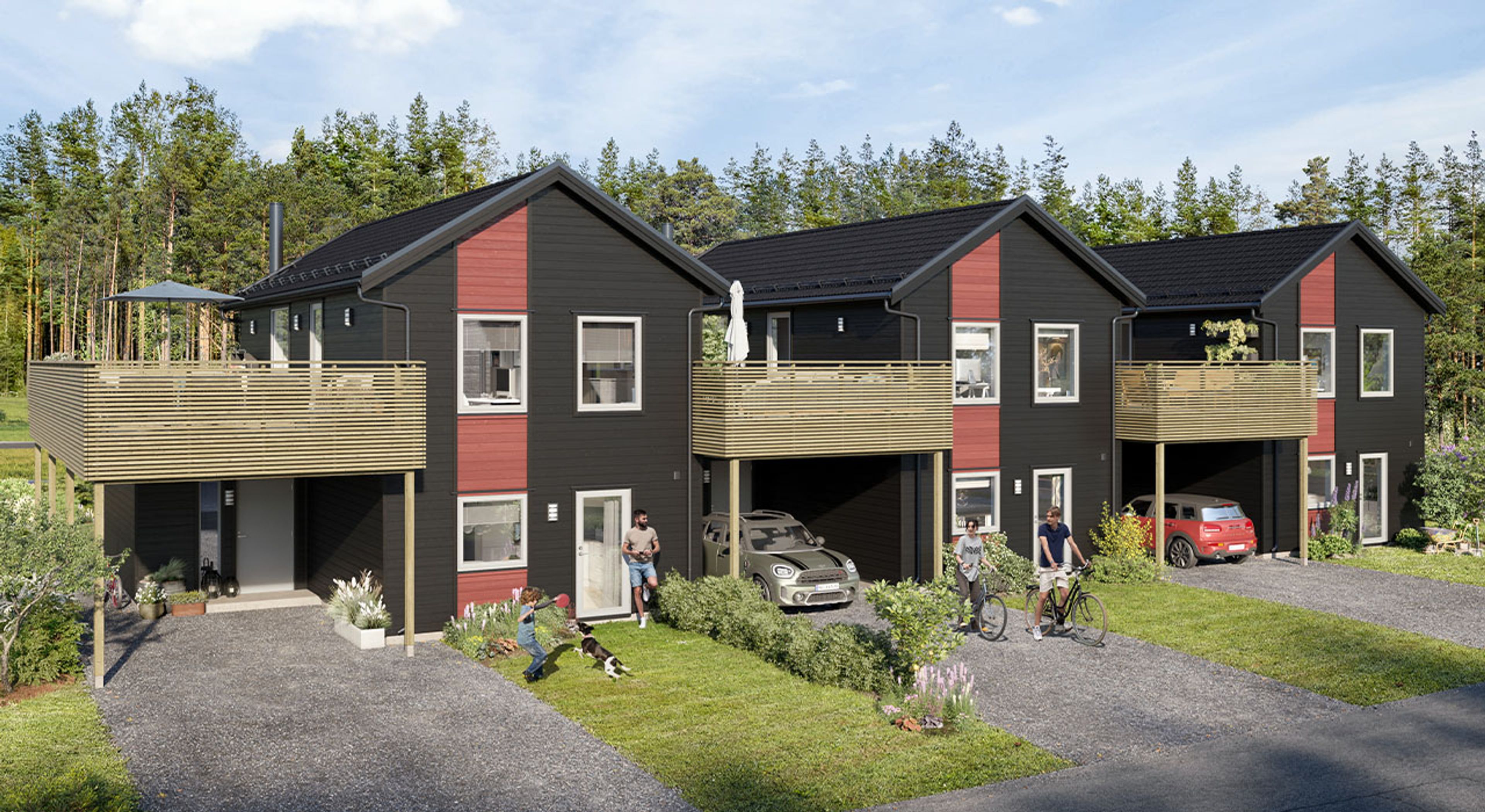 Illustrasjon av inngang med parkering foran eneboliger i kjede på Bergermoen park