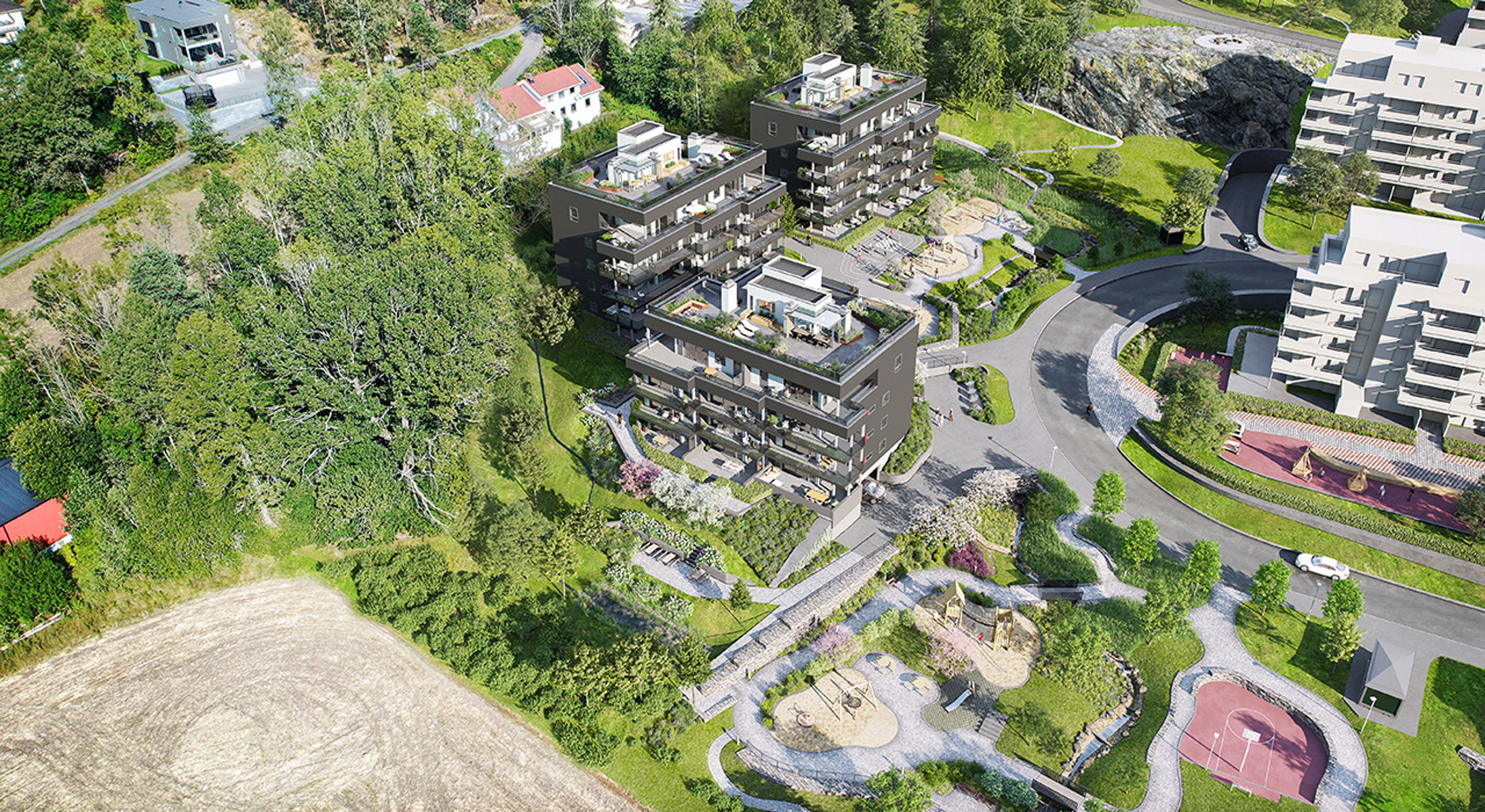 Illustrasjon av oversikt over uteområder på Eikelijordet