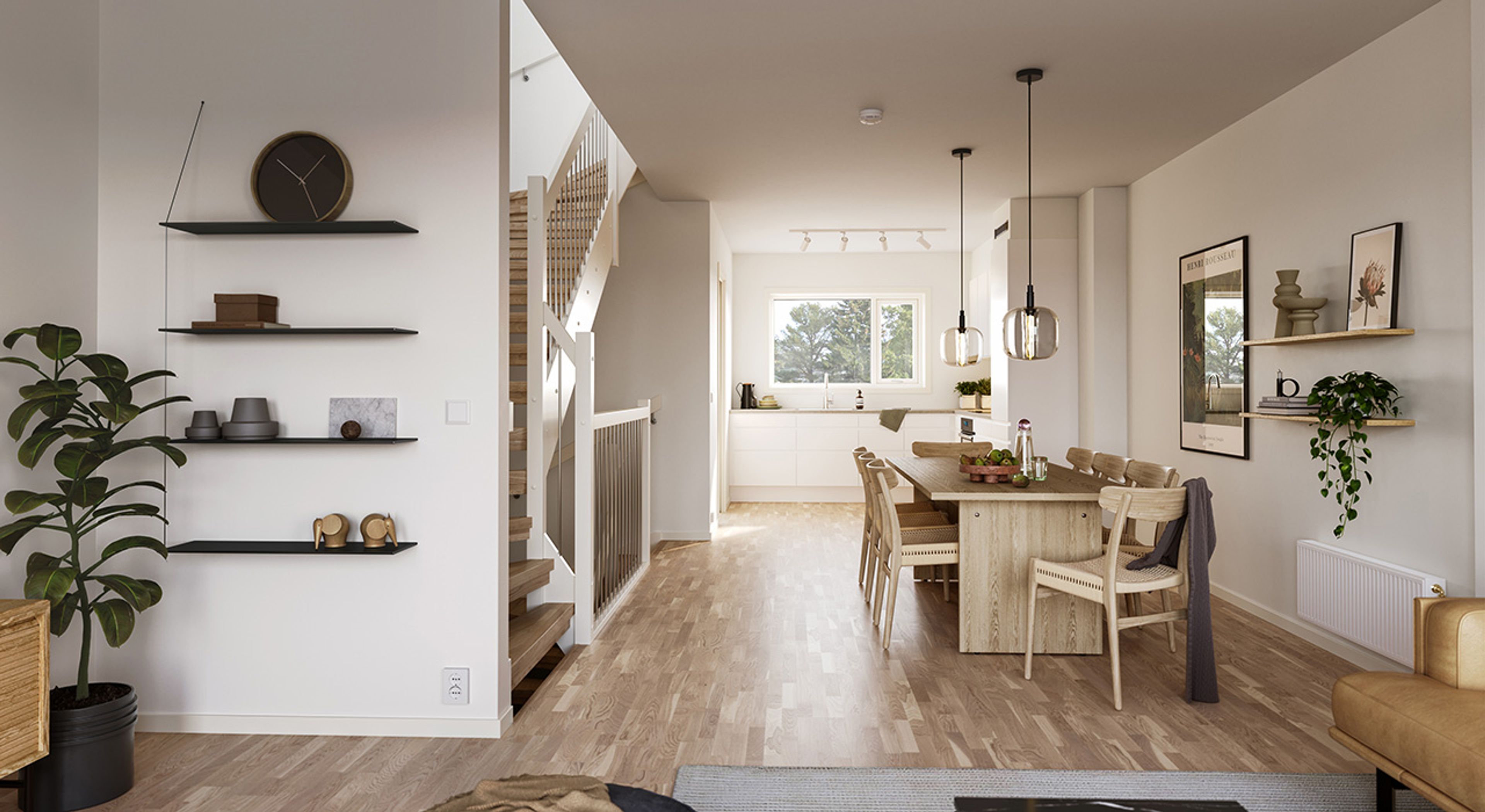 Illustrasjon av spisestue og kjøkken i rekkehus på Flatåsenga