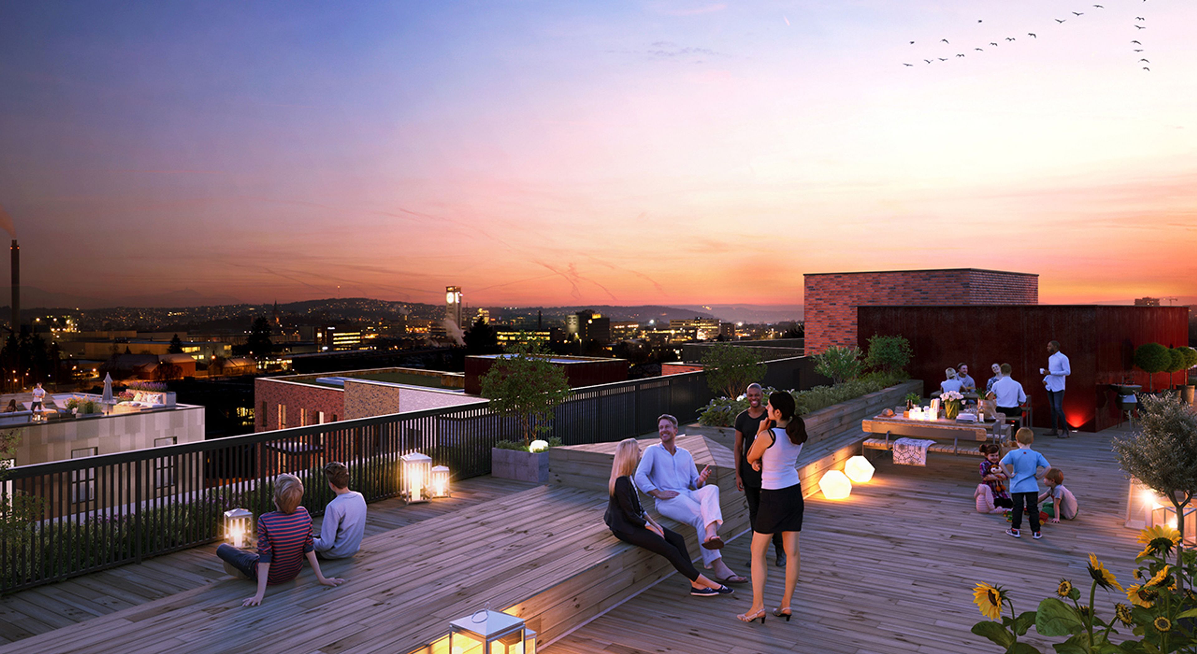 Illustrasjon av takterrasse med solnedgang og mennesker på Vollebekk