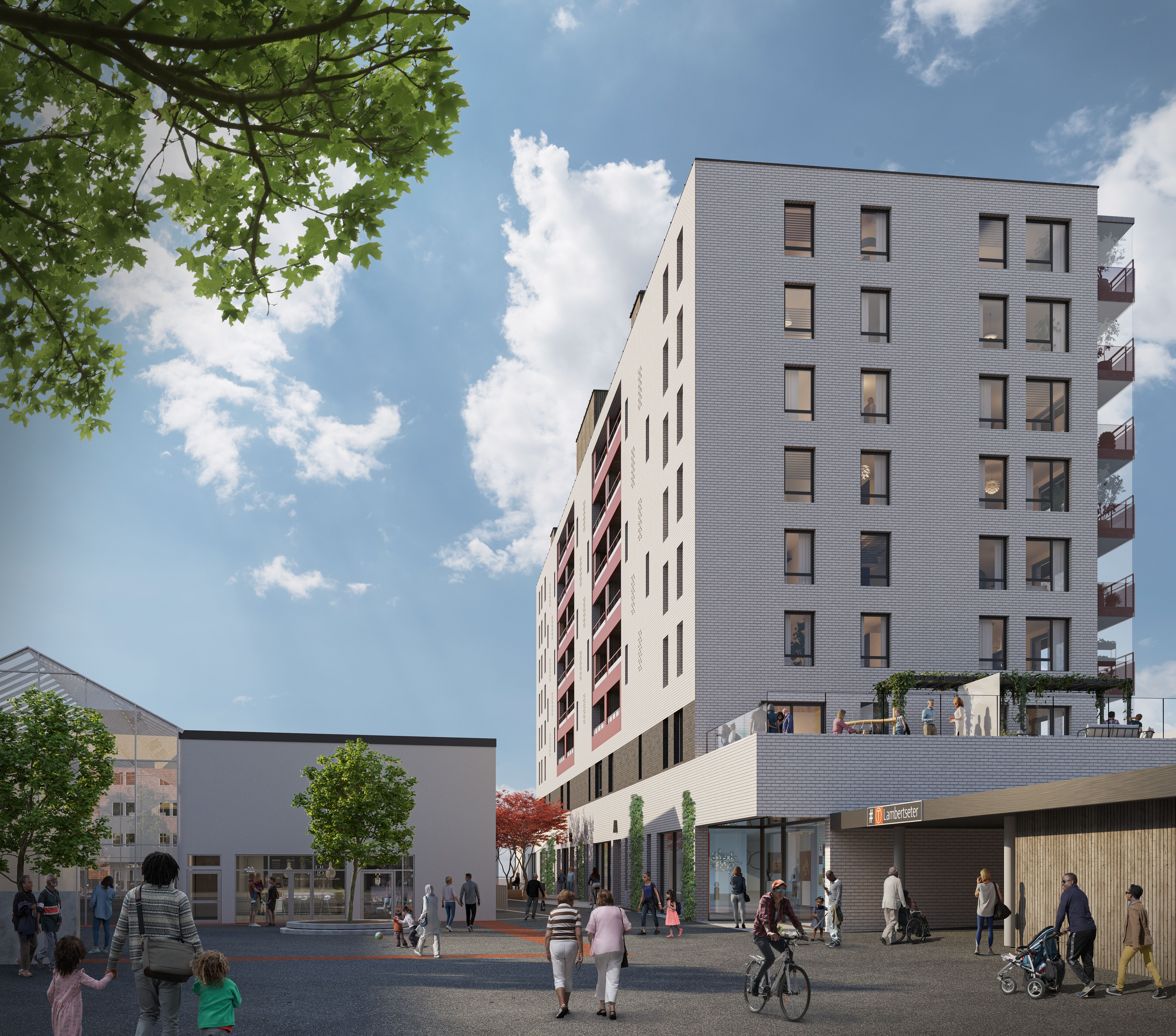 Illustrasjon av fasaden til Bølgelengden på dagen, med torget og Lambertseter T-banestasjon.