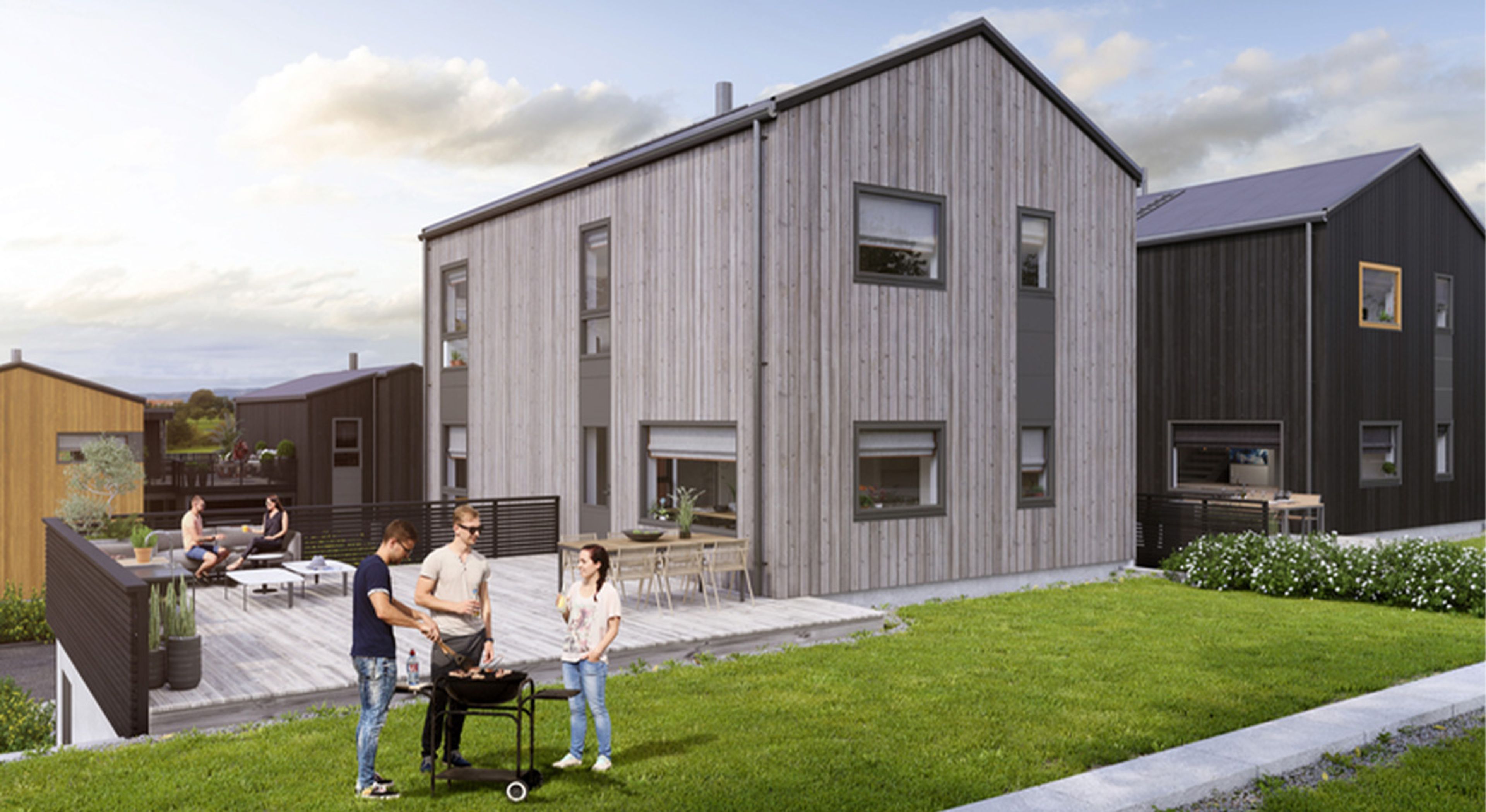 Illustrasjonsbilde av familie som har det gøy i hagen med hus i bakgrunnen.