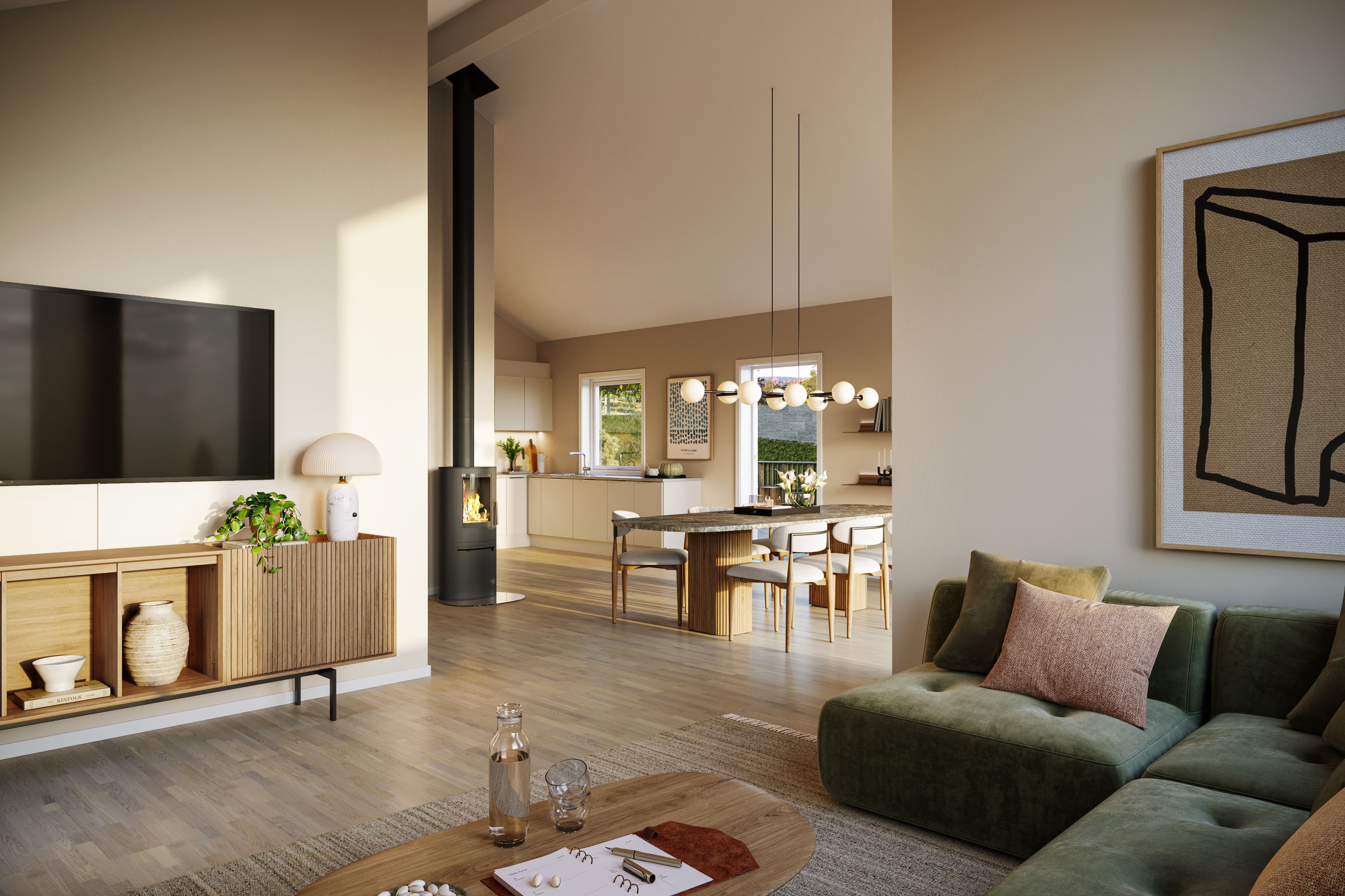 Illustrasjon av stue og kjøkken i frittliggende enebolig, hus 7, Strømnesåsen.