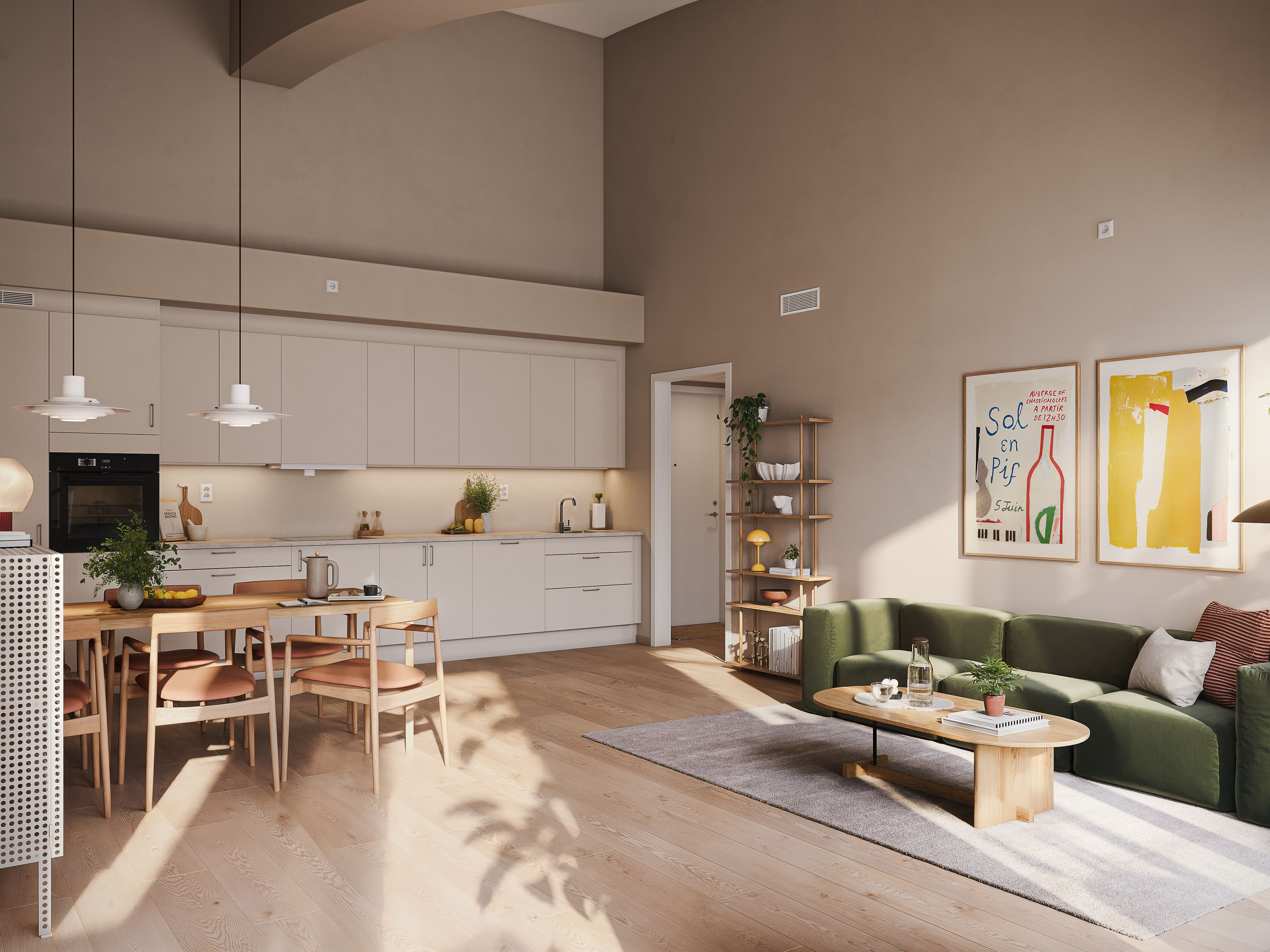 Illustrasjon av kjøkken og stue i leilighet L2502, i Østre Hall, Glasshallene.